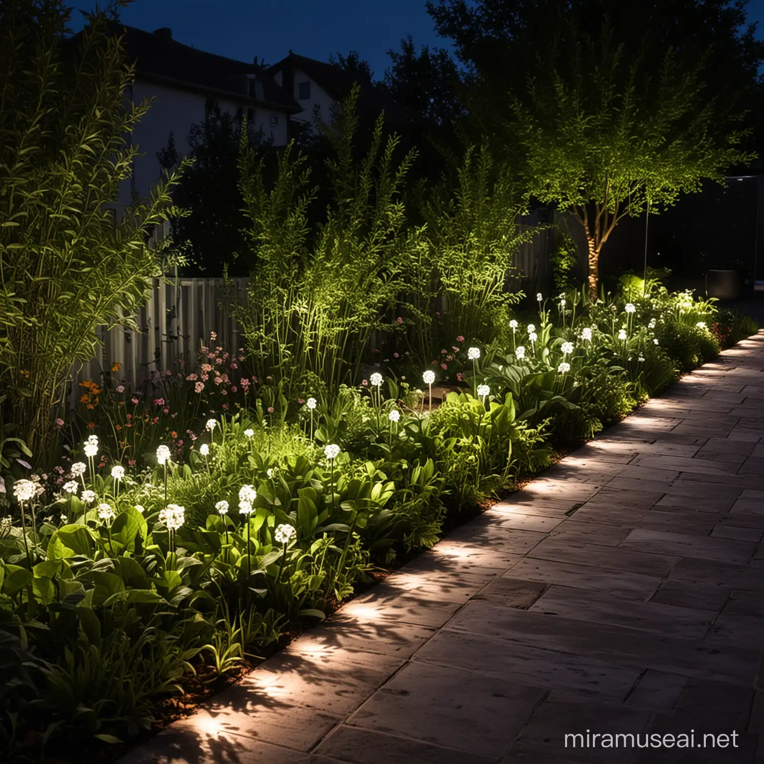 Jardín iluminado por luces LED en la noche.
