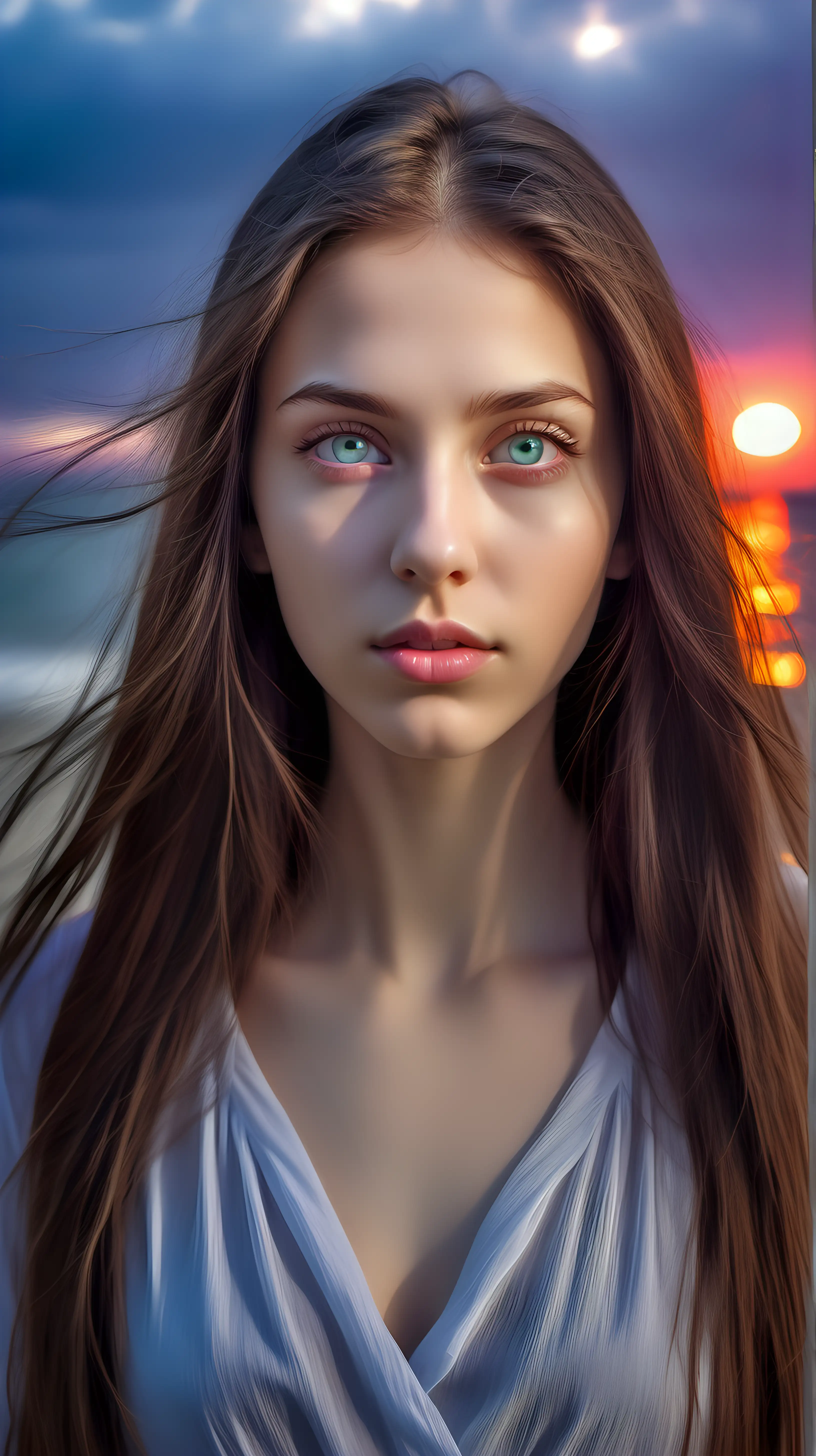 Bust portrait of the girl. Slightly  skin, matte, without reflections. Expressive eyes, suggesting gentleness and inner beauty. Velvety long hair with, multi-colored reflections. Full, natural and well-defined lips. Perfectly symmetrical features, and fine lines of expression. Slightly porous skin. Long eyelashes and iris with gray color. lightning on the sunrise on the beach