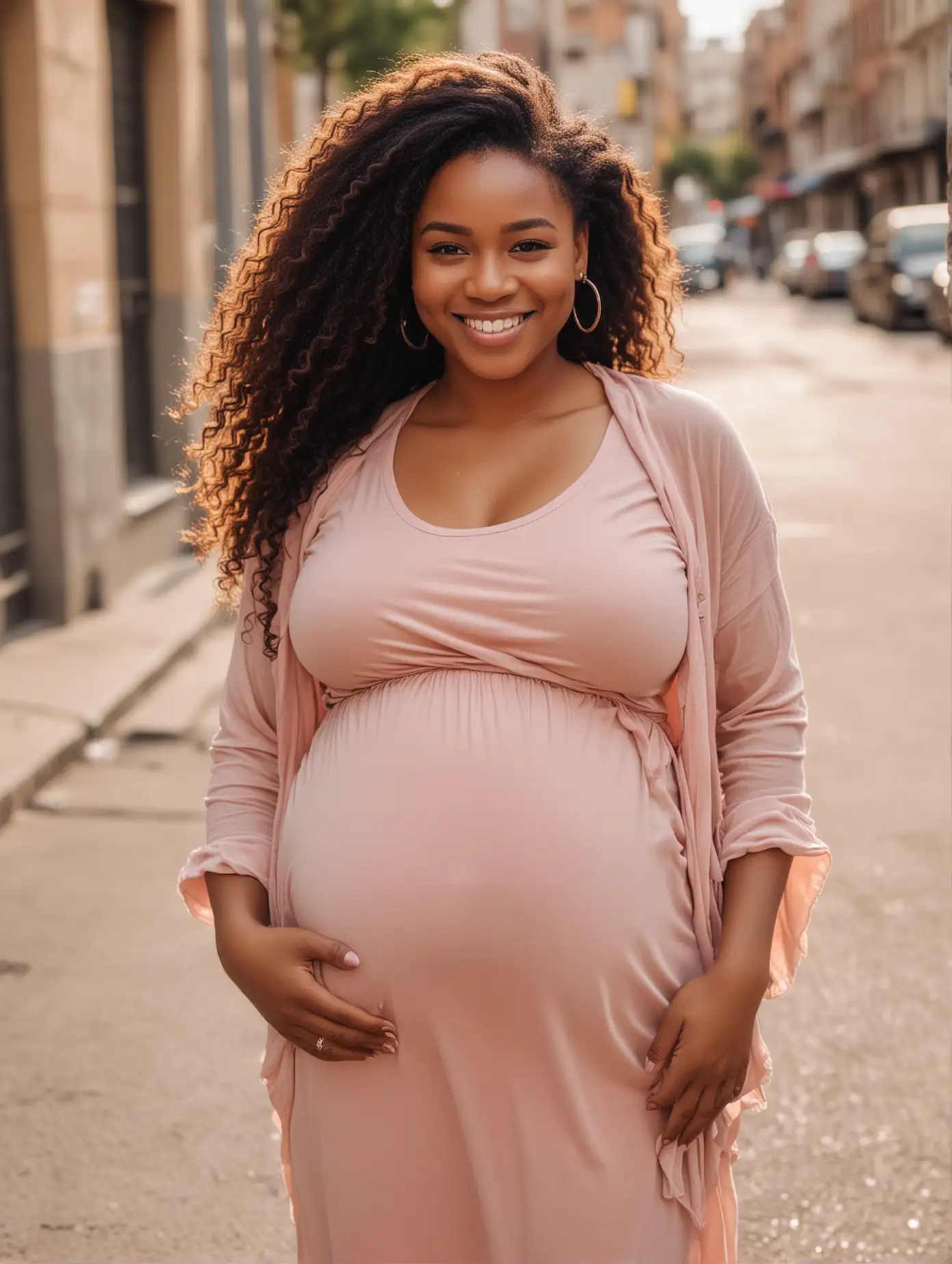 Sexy african american girl,A beautiful pregnant woman with delicate facial features is looking at the camera with a smile on the street, her big belly showing. She is touching her belly with her hand, beautiful hair, beautiful skin, full body photo