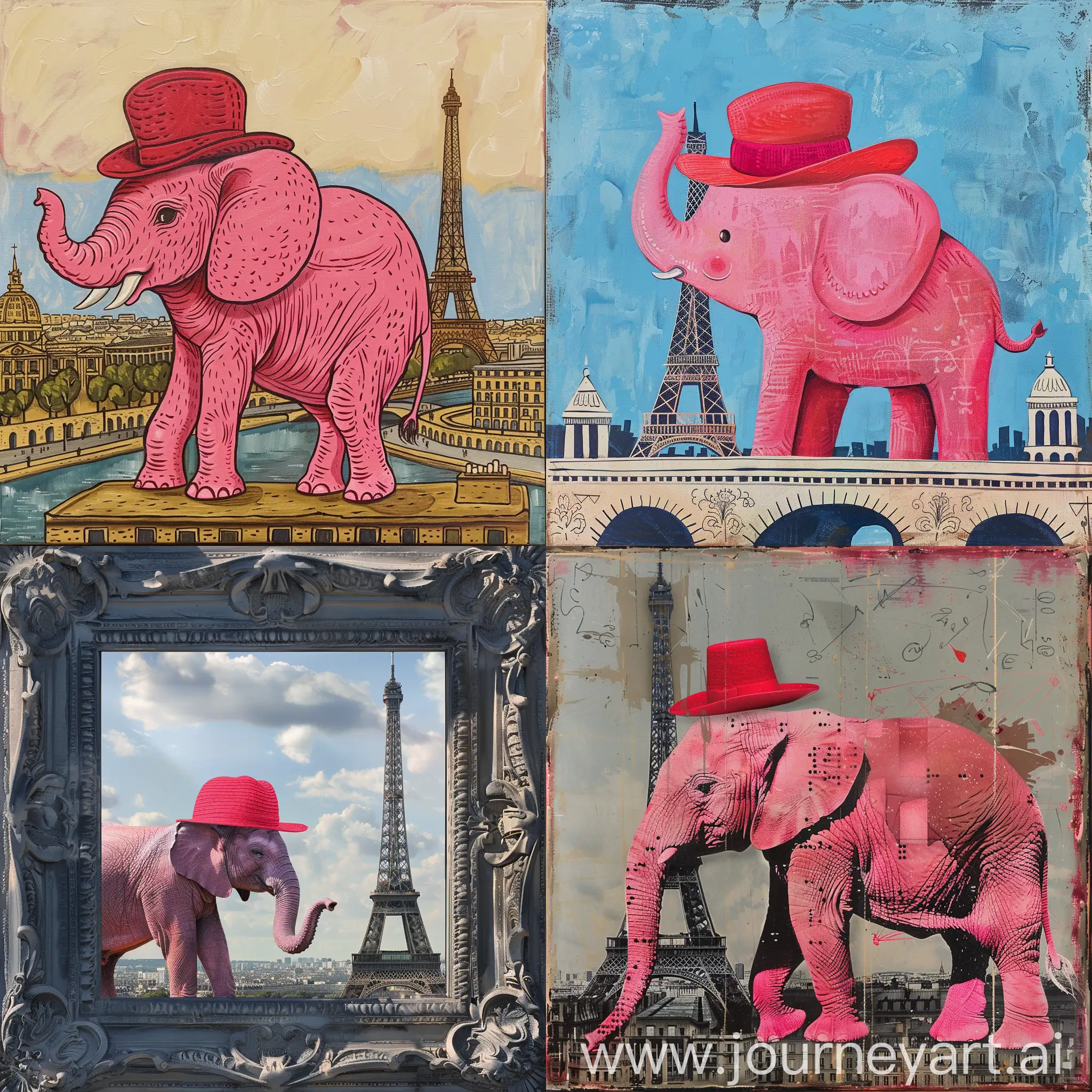 pink elephant on paris wich red hat
