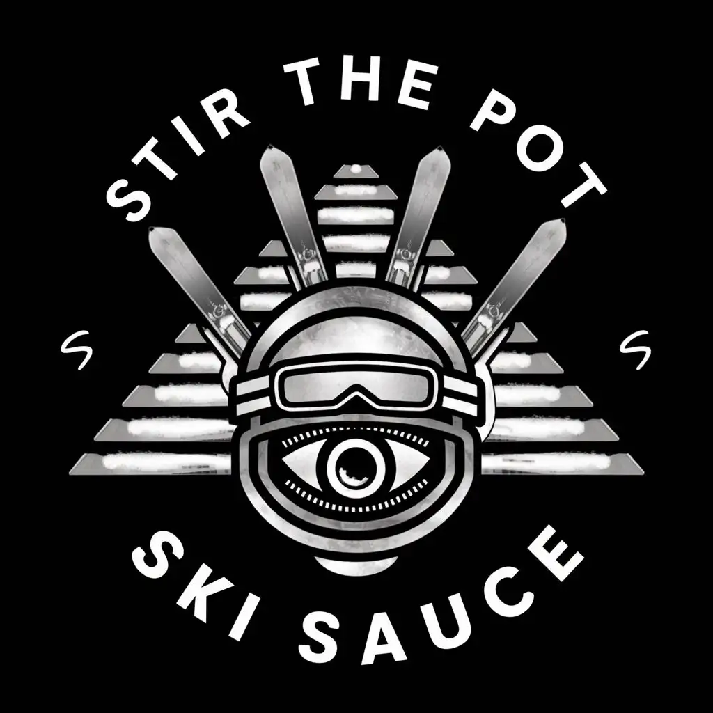 logo, Ominous All seeing eye with skis as the pyramid, the eye is a cauldron ski helmet with goggles and ski polls sticking out. It says “stir the pot” around the logo in a circle, with the text "Ski Sauce", typography, be used in Sports Fitness industry