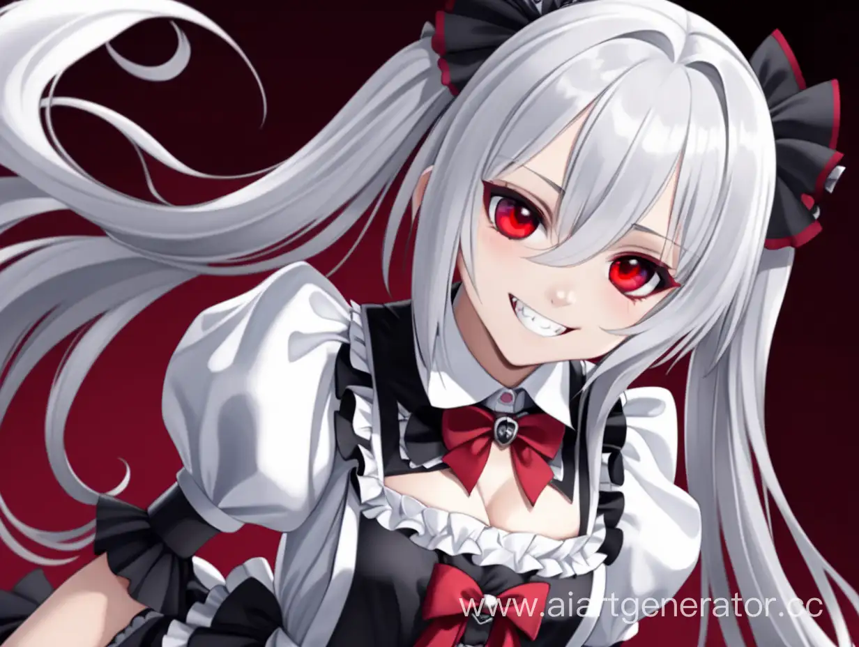 Anime, girl, vampire, sweet, white hair, red eyes, outfit maid, not creepy and anime kind smile, small breasts,
