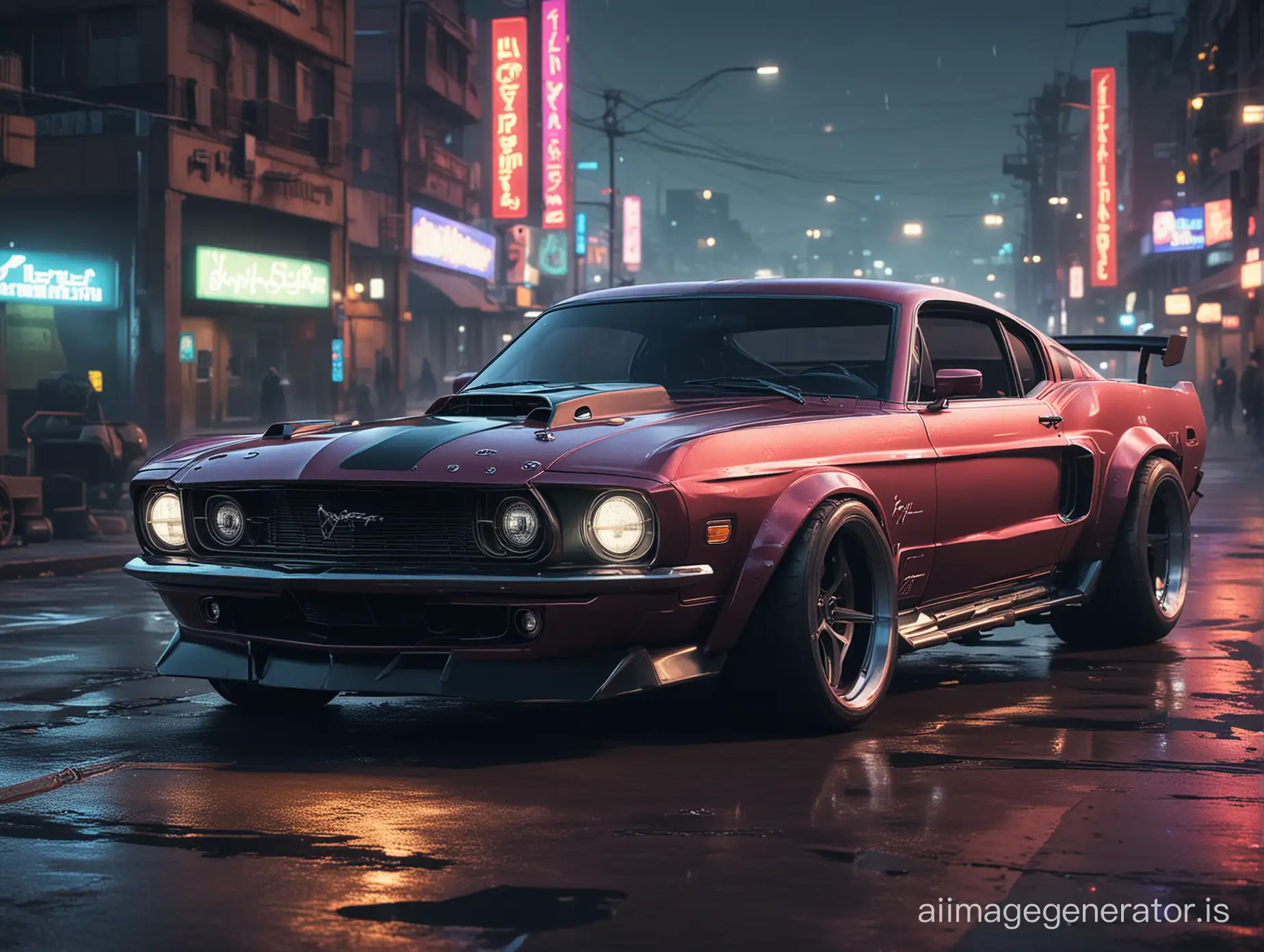 Heavy modified Khyzyl Saleem Cyberpunk 1970 Ford Mustang, at night in cyberpunk city