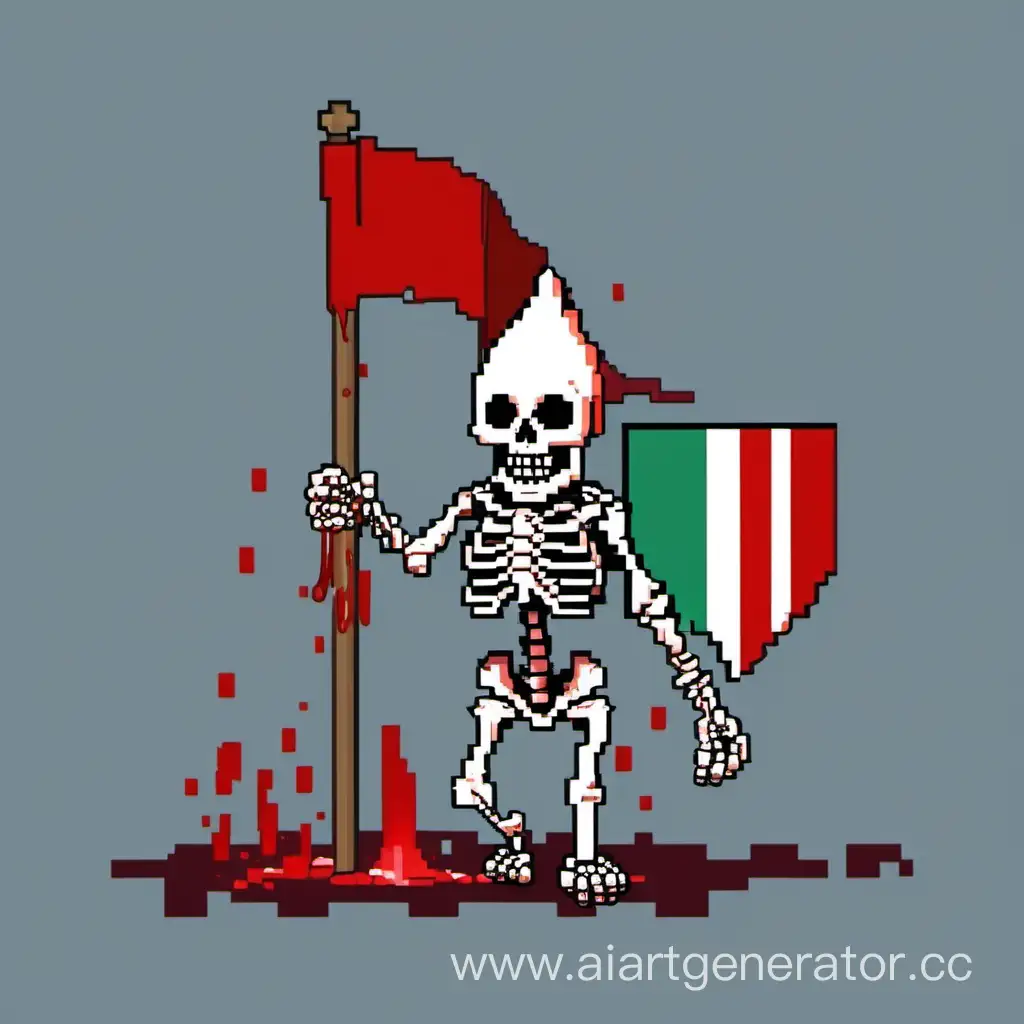 a skeleton with a Belarusian flag beats a gnome to the blood, pixel graphics. 