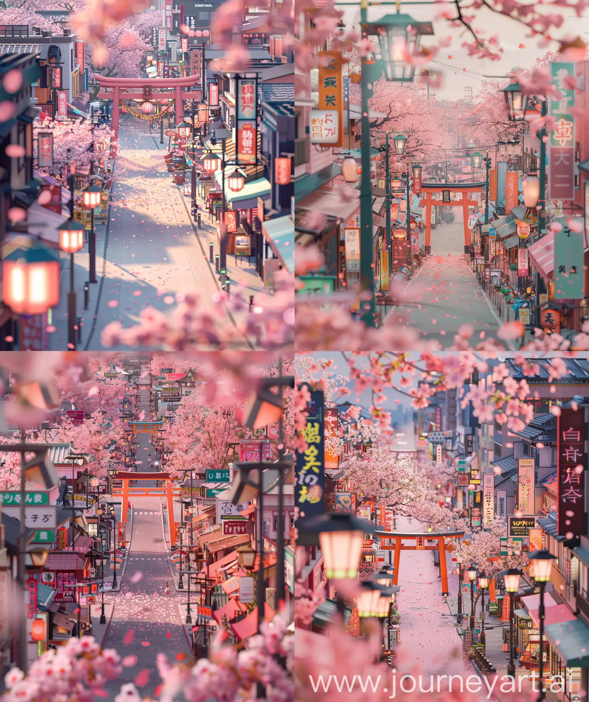 Anime scenary, illustration, downtown street, cherry blossom, many shop, streets, lamp, vibrant look, tori gate, day time, light pink gradient, cherry blossom petals scattered around, slightly tilted image, many sign board, vibrant shop across street, cherry blossom decoration with tori gate, ultra HD, illustration, High quality, no blurry image, no hyperrealistic --ar 27:32 