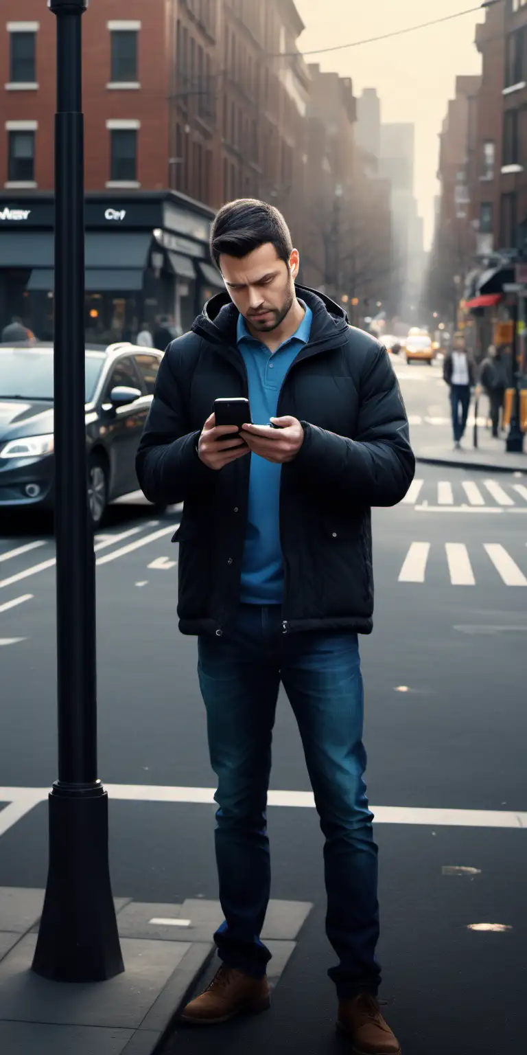 Urban Anticipation Realistic Man Waiting for Uber in Cityscape