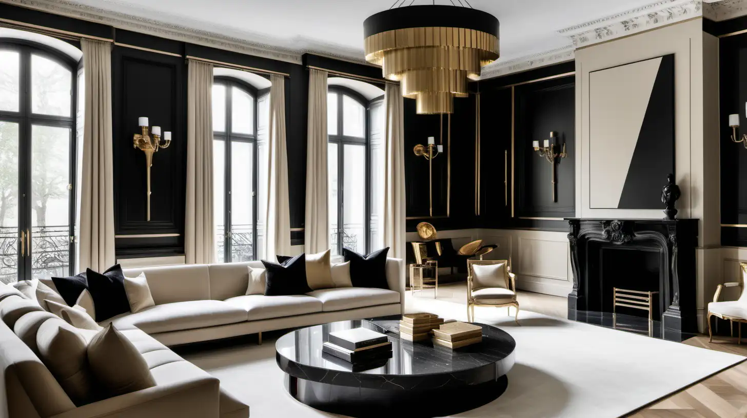  modern Parisian grand estate home; beige, oak, brass, black colour palette; 