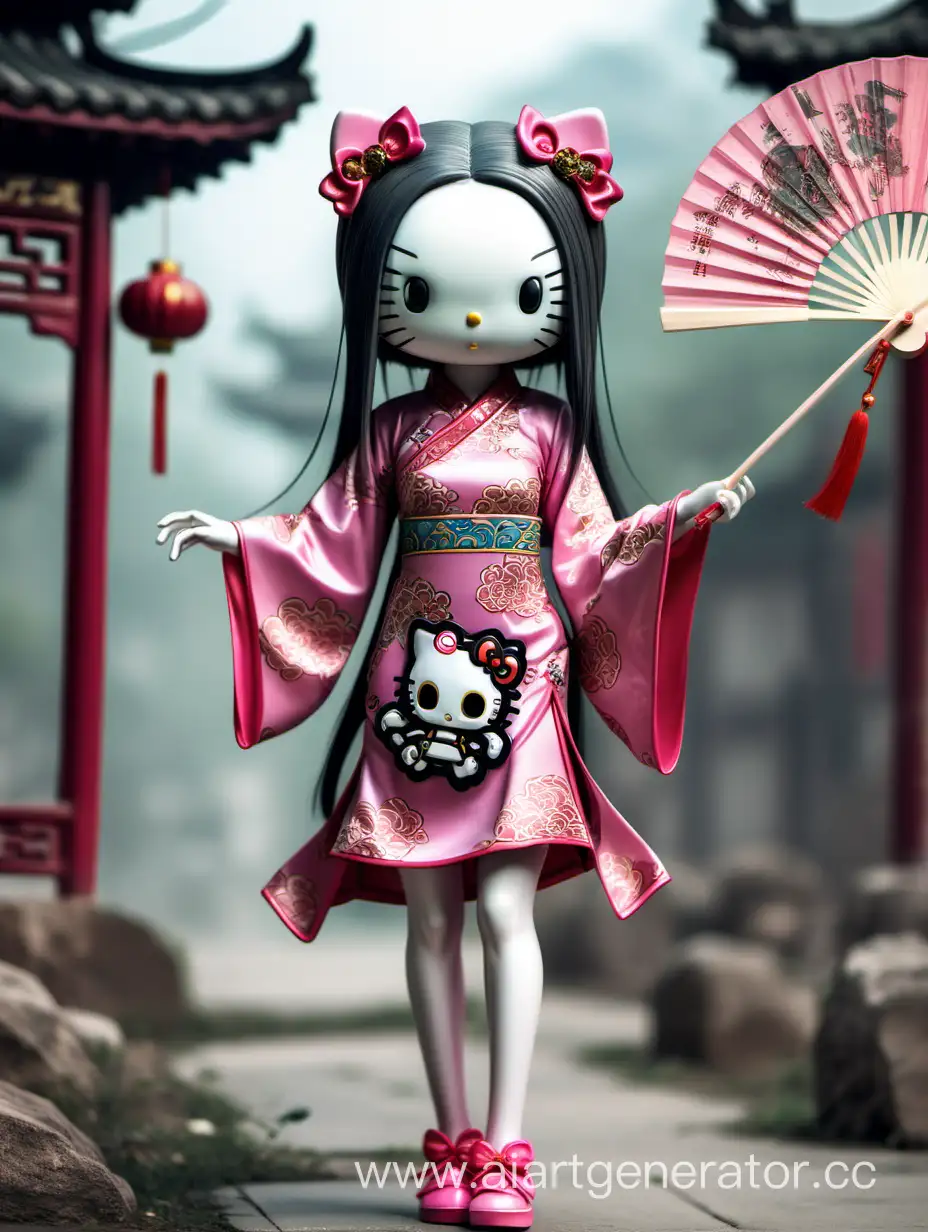 thin humanoid Hello Kitty with long legs, fair hair in detailed short pink Chinese dress with skulls ornaments, holds Chinese fan in hand, beautiful background 