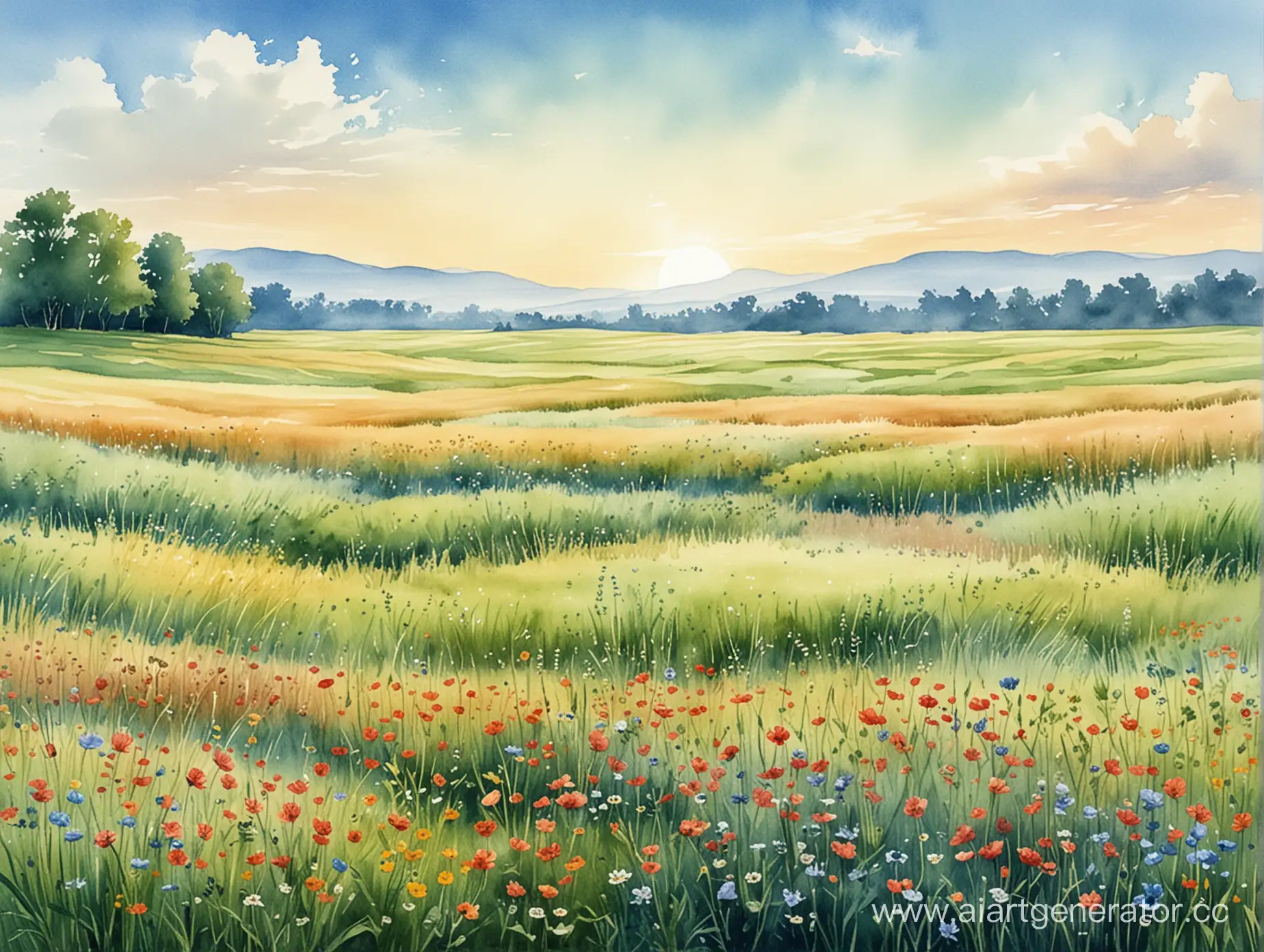 Tranquil-Meadow-on-Clear-Sky-Background-Watercolor-Illustration