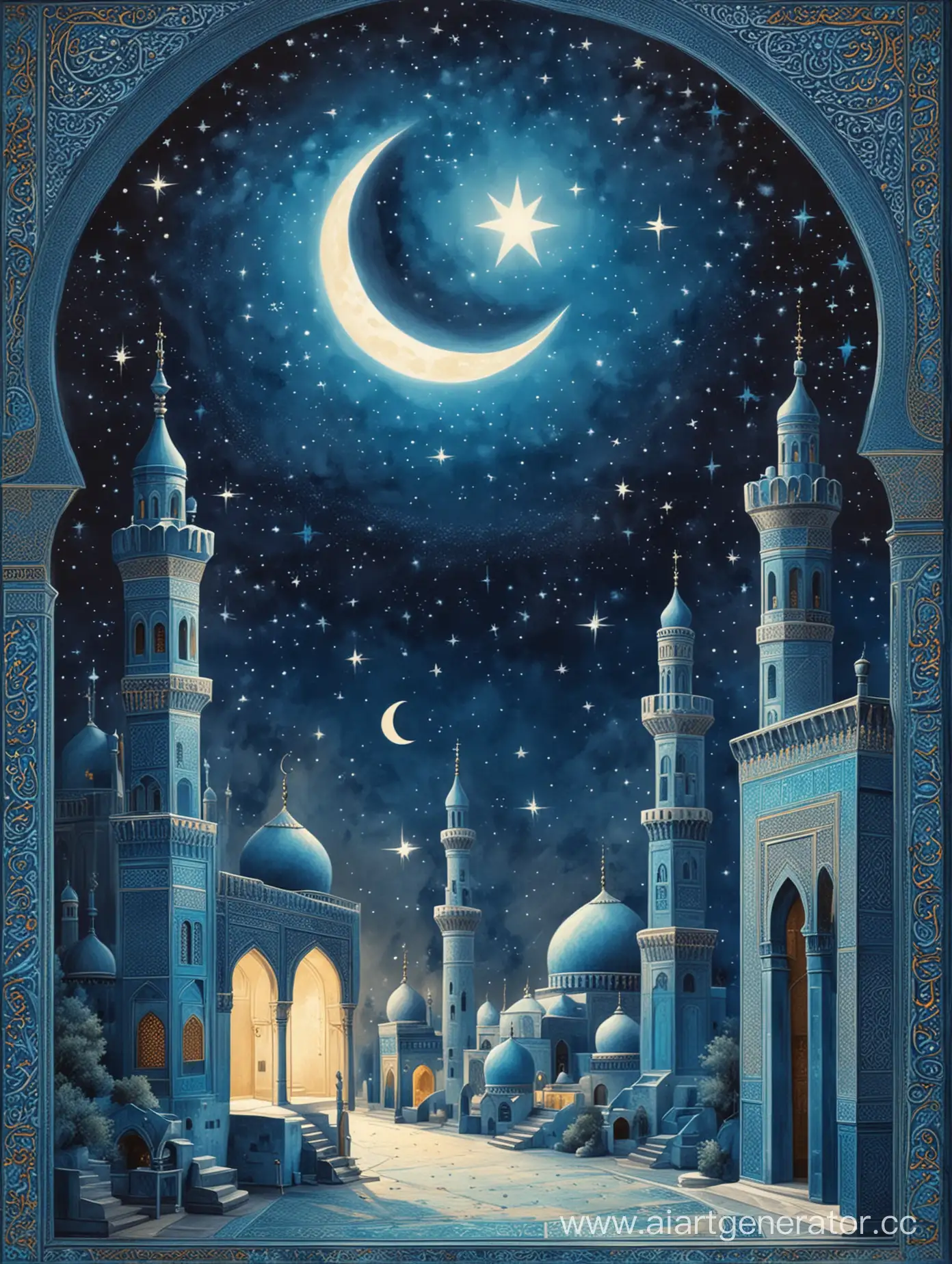 Ramadan scene with a crescent moon, minaret, mihrab, and stars, all depicted in shades of blue