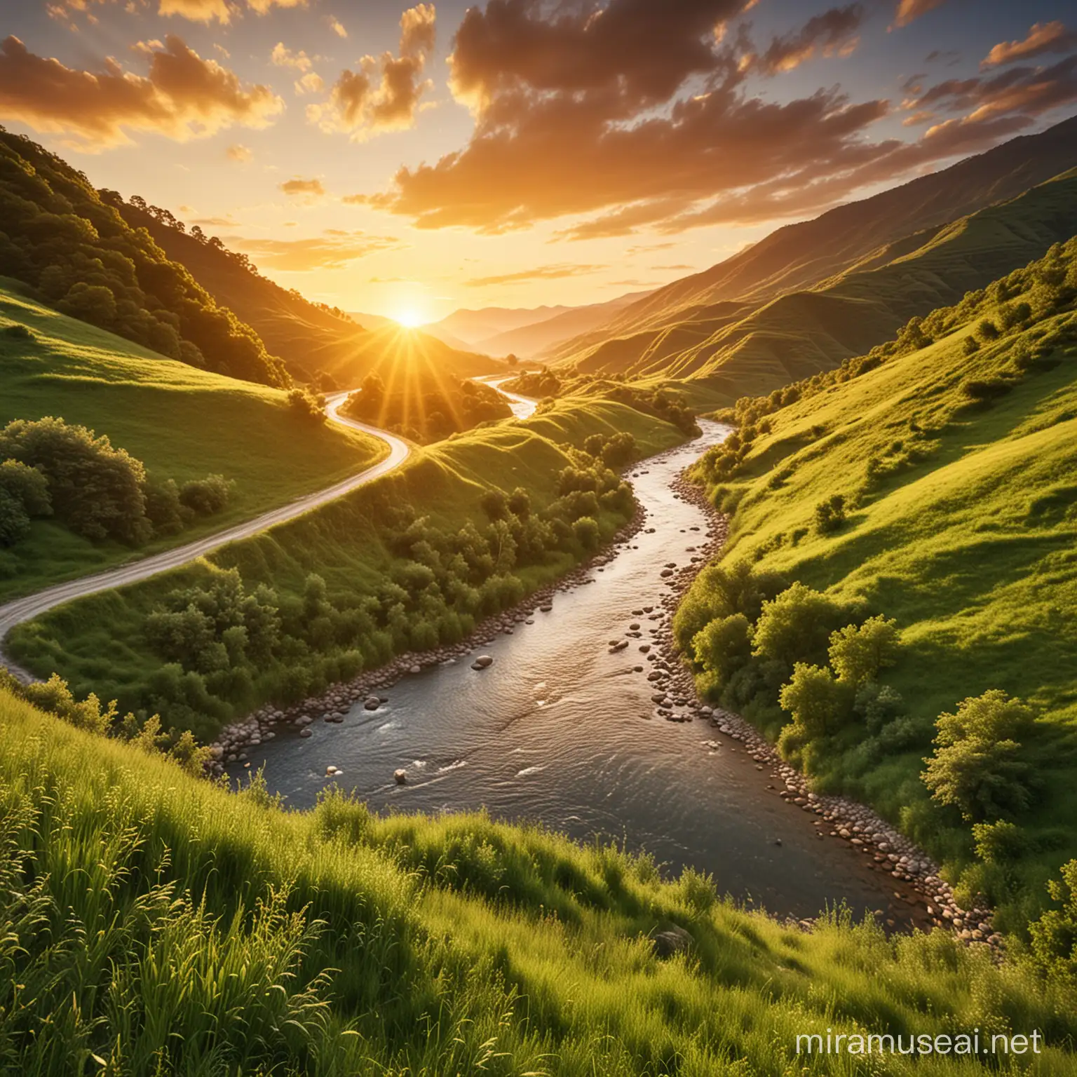 serene landscape with a winding river flowing through lush green hills under a golden sunset