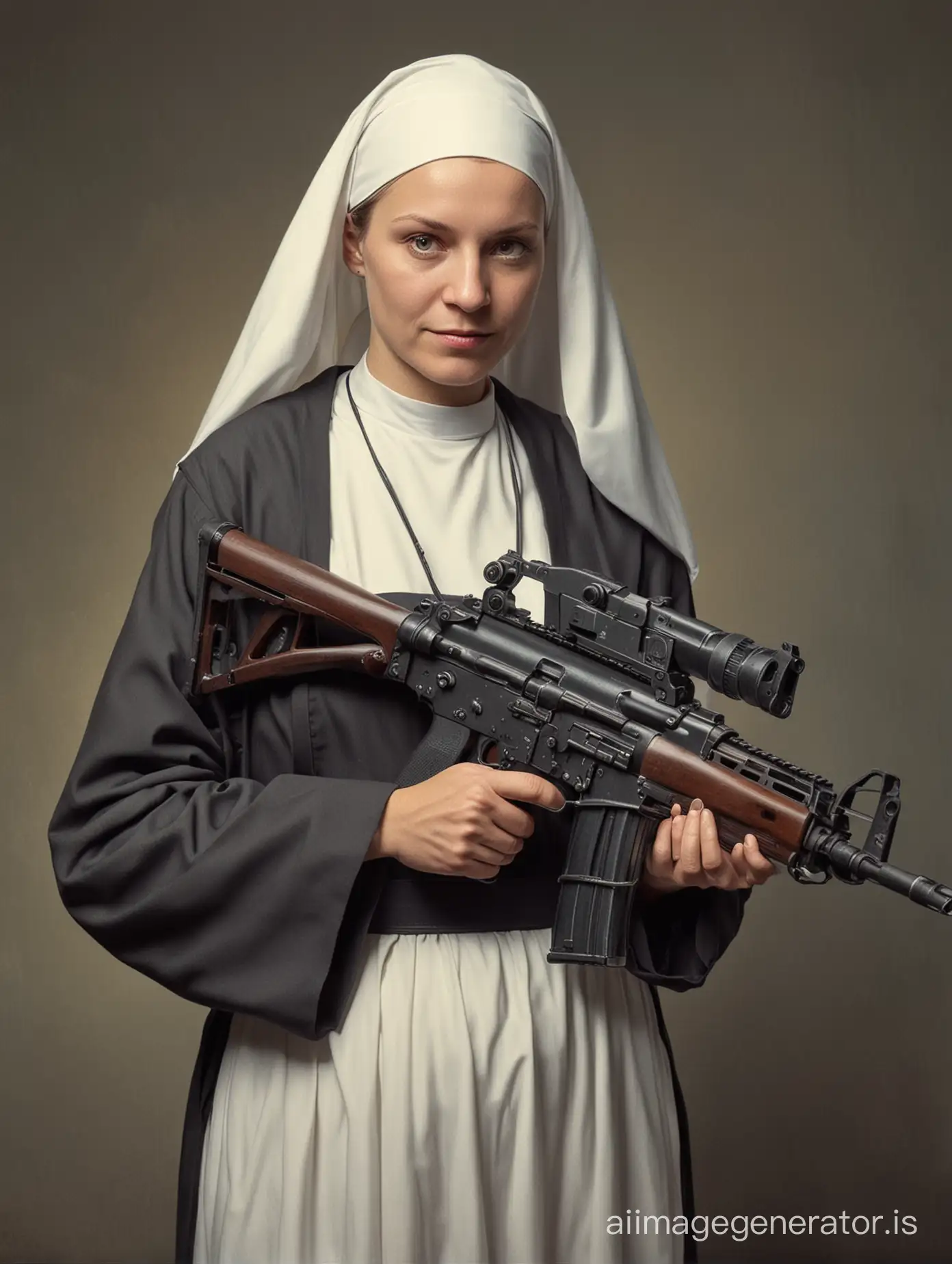 une religieuse avec une mitraillette