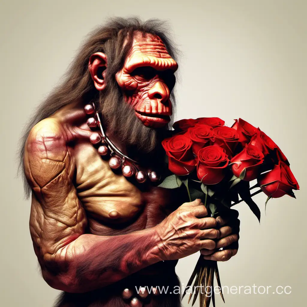 Neanderthal with a bouquet of red roses
