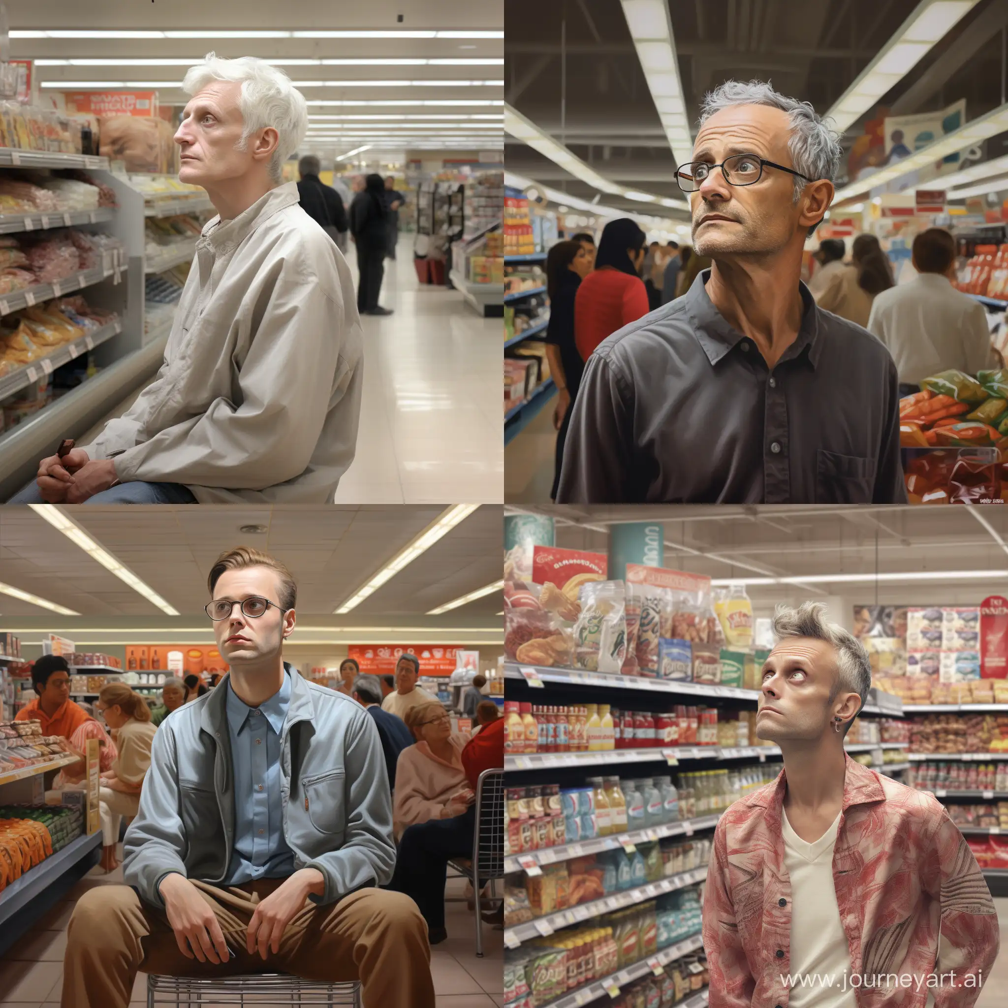 create a portrait of a fictional Neronian subject watching customers in a supermarket to make sure they don't steal merchandise, [neurographics],photorealism, humor--6:9