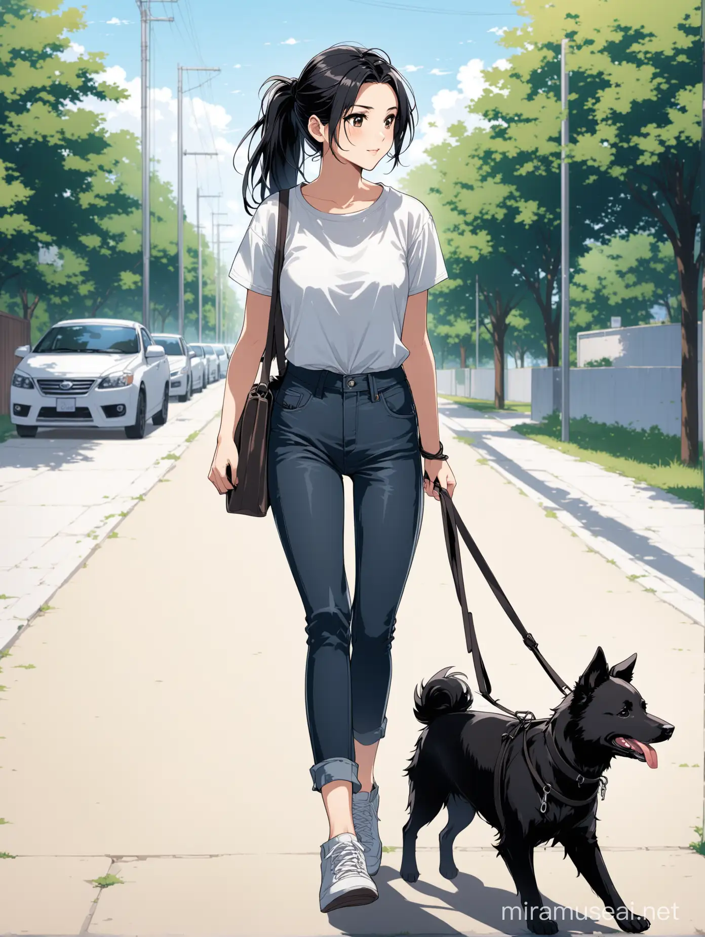 A woman with anime-style black hair tied up in a ponytail, wearing dark jeans and shirt, walking her dog.