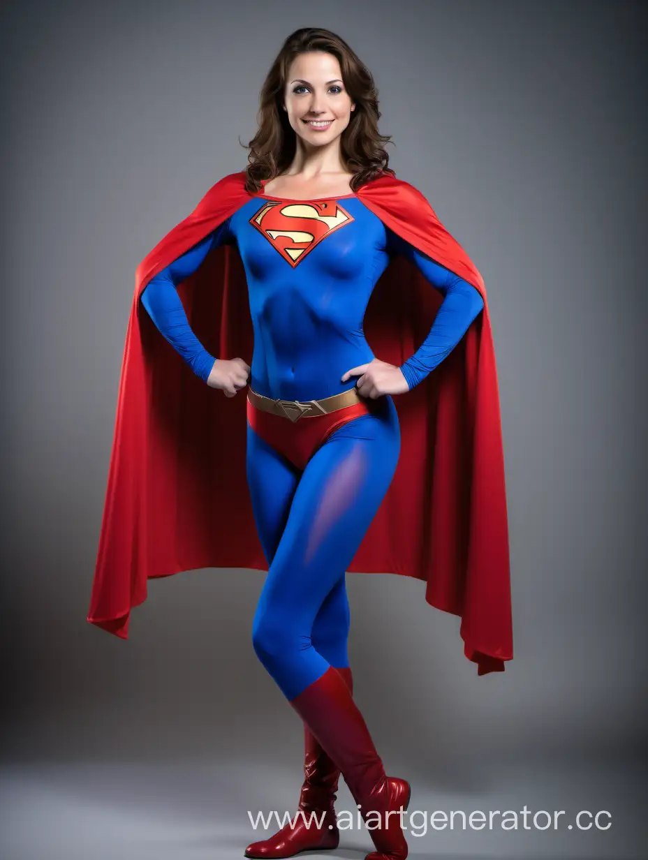 A beautiful woman with brown hair, age 30, she is happy and muscular. She has the physique of a ballet dance. She is wearing a Superman costume with (blue leggings), (long blue sleeves), red briefs, red boots, and a long cape. The symbol on her chest has no black outlines. She is posed like a superhero, strong and powerful.