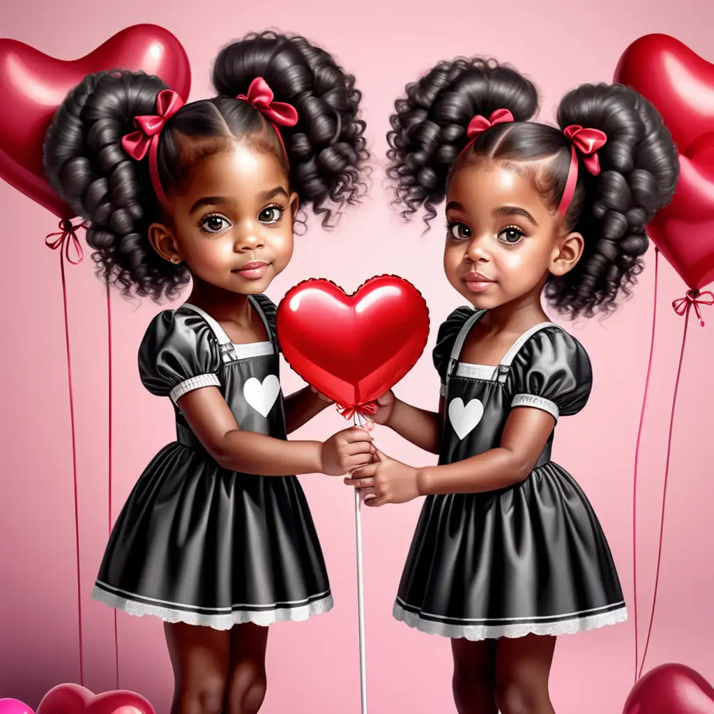 Adorable Black Twin Sisters with HeartShaped Lollipops in a Valentines Day Scene