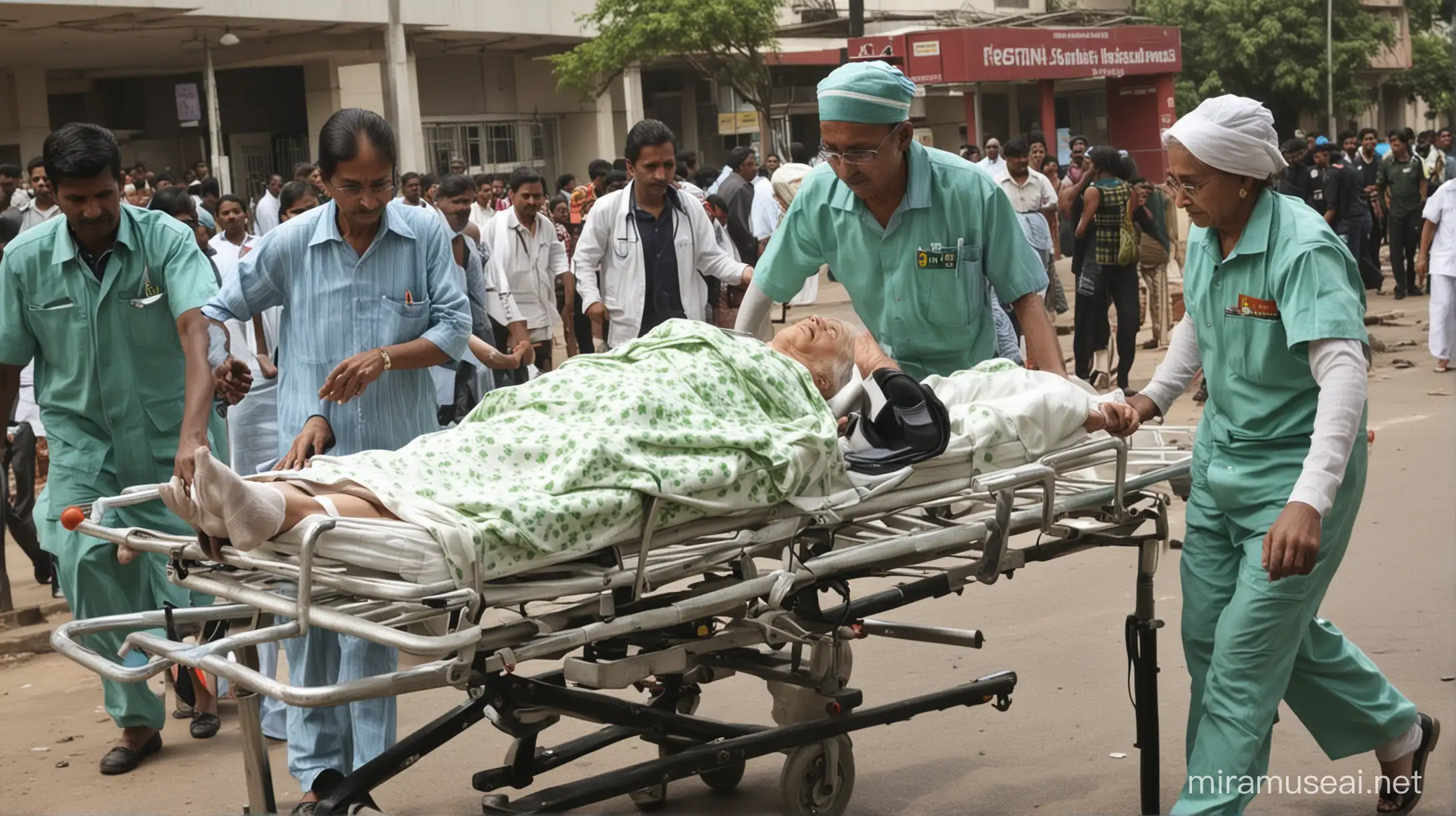 fortis hospital ambulance taking old woman in stretcher 