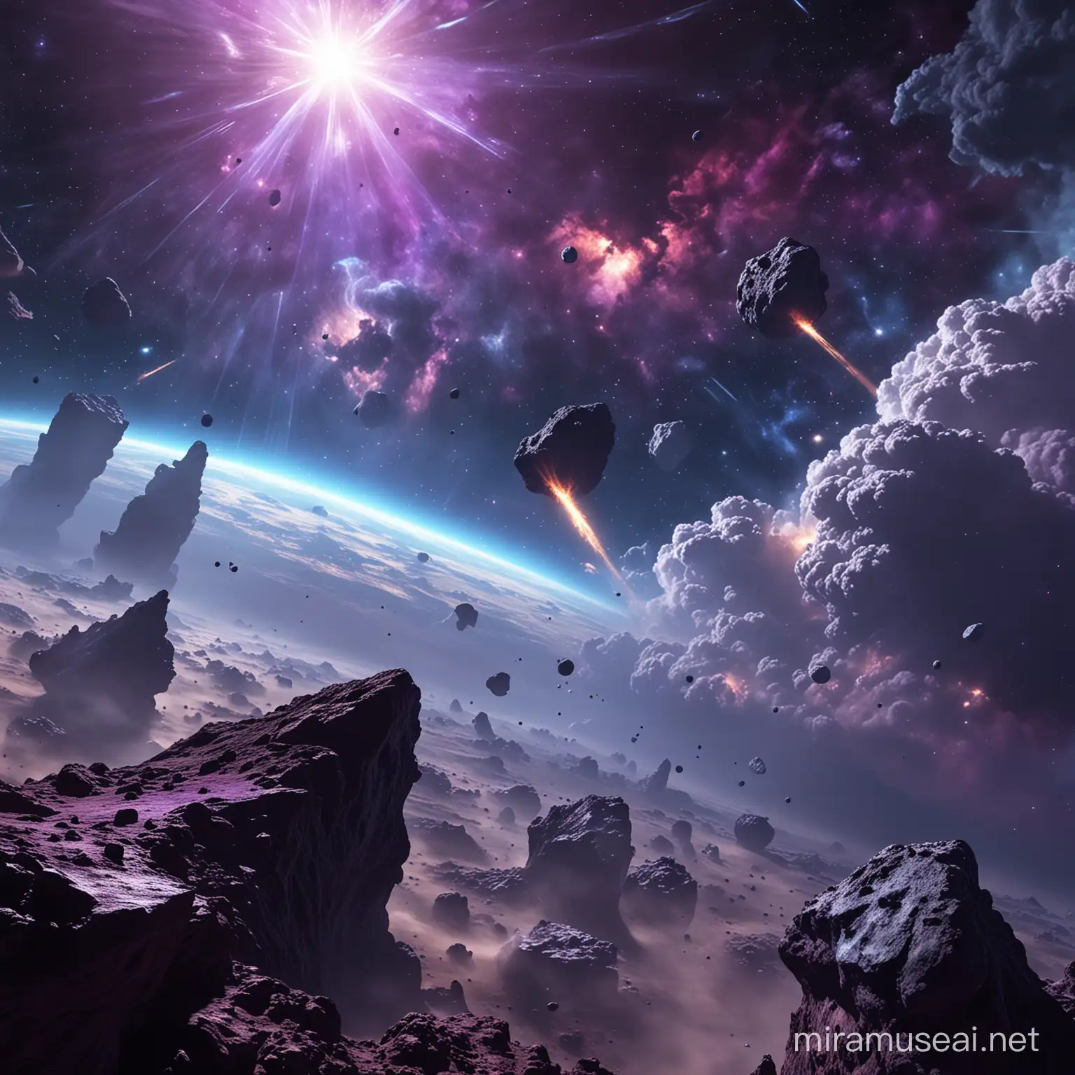 Cosmic Landscape with Blue and Purple Hues Asteroids and Nebulous Clouds