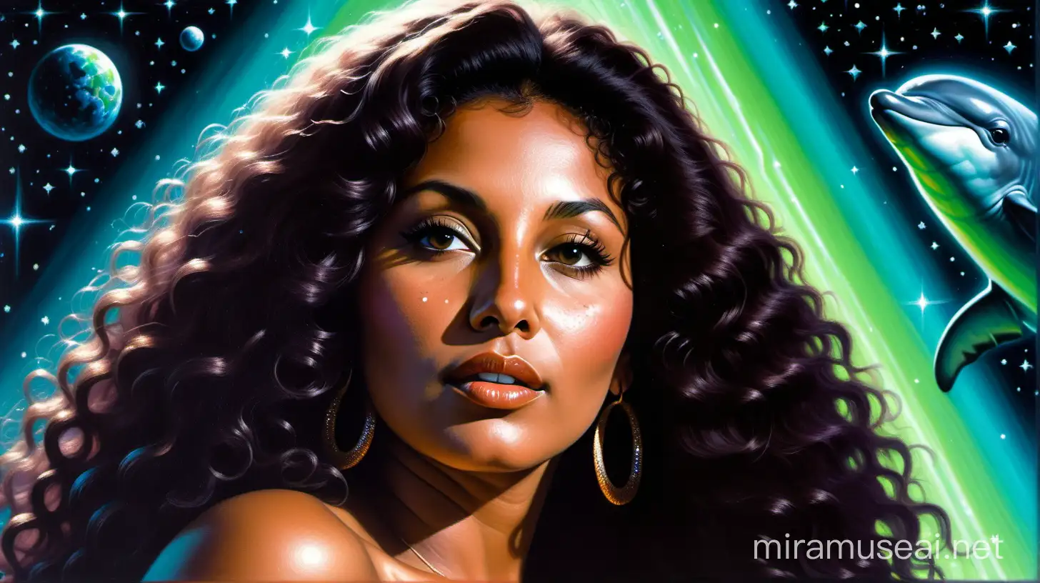 An extreme close up of a hyper realistic, photogenic, very young and fully naked Pam Grier, amidst a stunningly beautiful, gorgeous night sky filled countless glittering stars, and multiple green neon lit spacecraft and ghostly, spectral flying dolphins.
