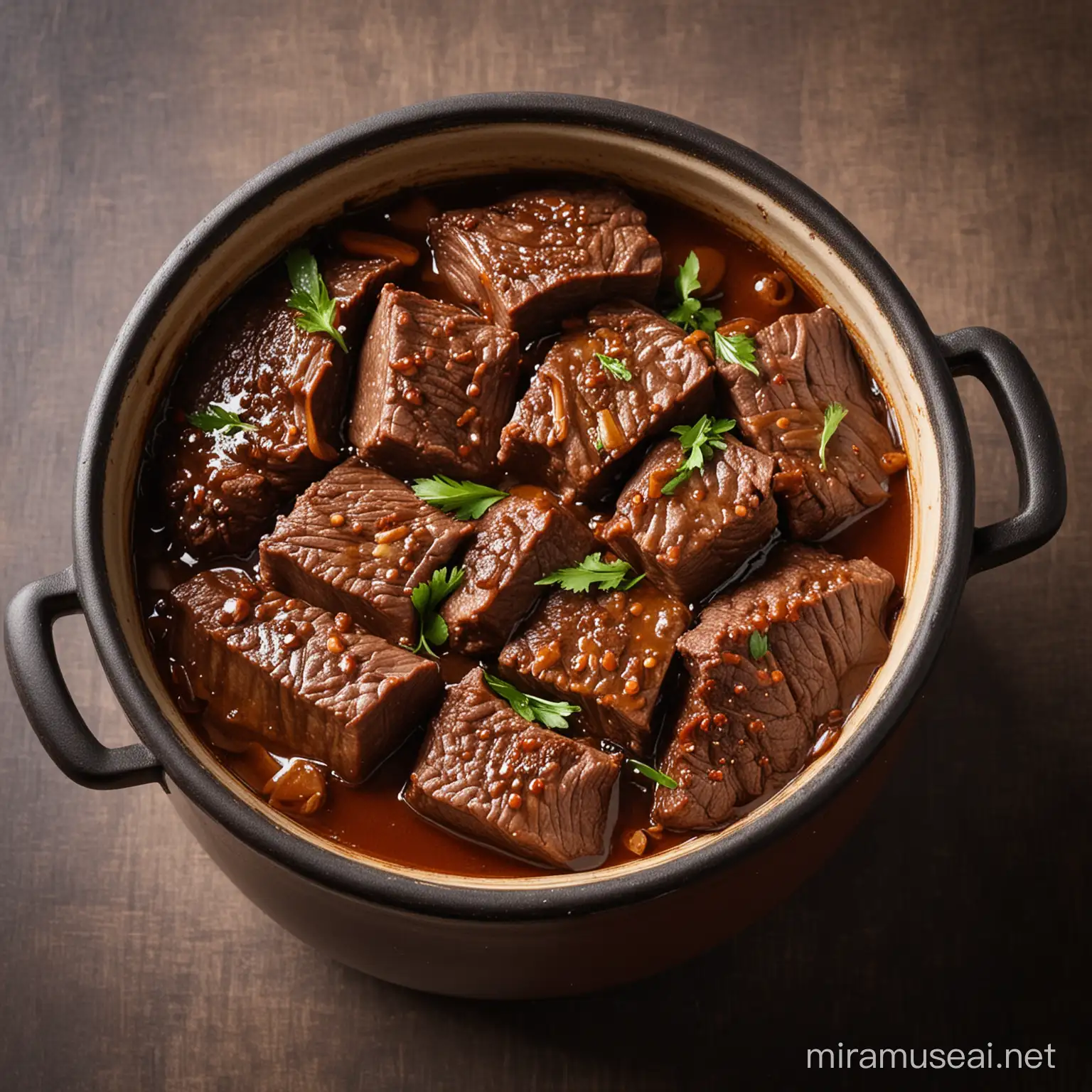 give me a food photography of beef semur from Indonesia in a pot with front view angle