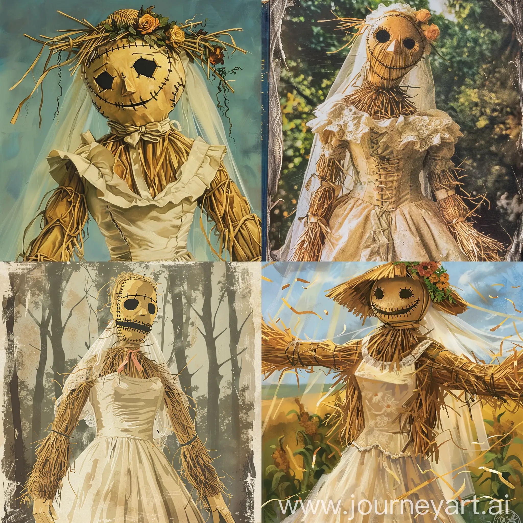 professional poster for a book cover for an story named "the straw bride", a scarecrow dressed in a wedding dress 