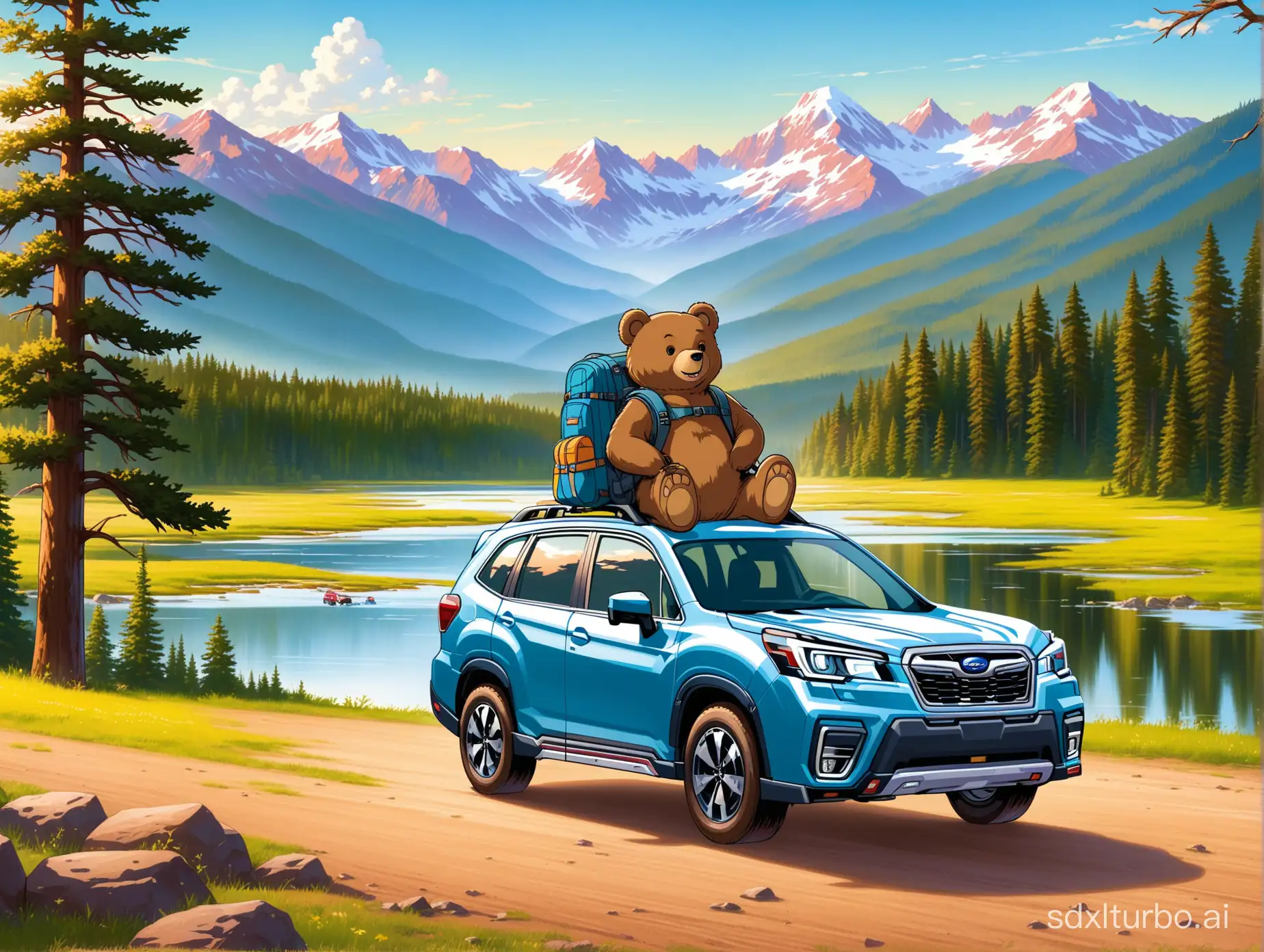 logo of a Mr. bear with backpack and travel gear behind a Subaru Forester car and in the background a landscape of the United States reflecting adventure
