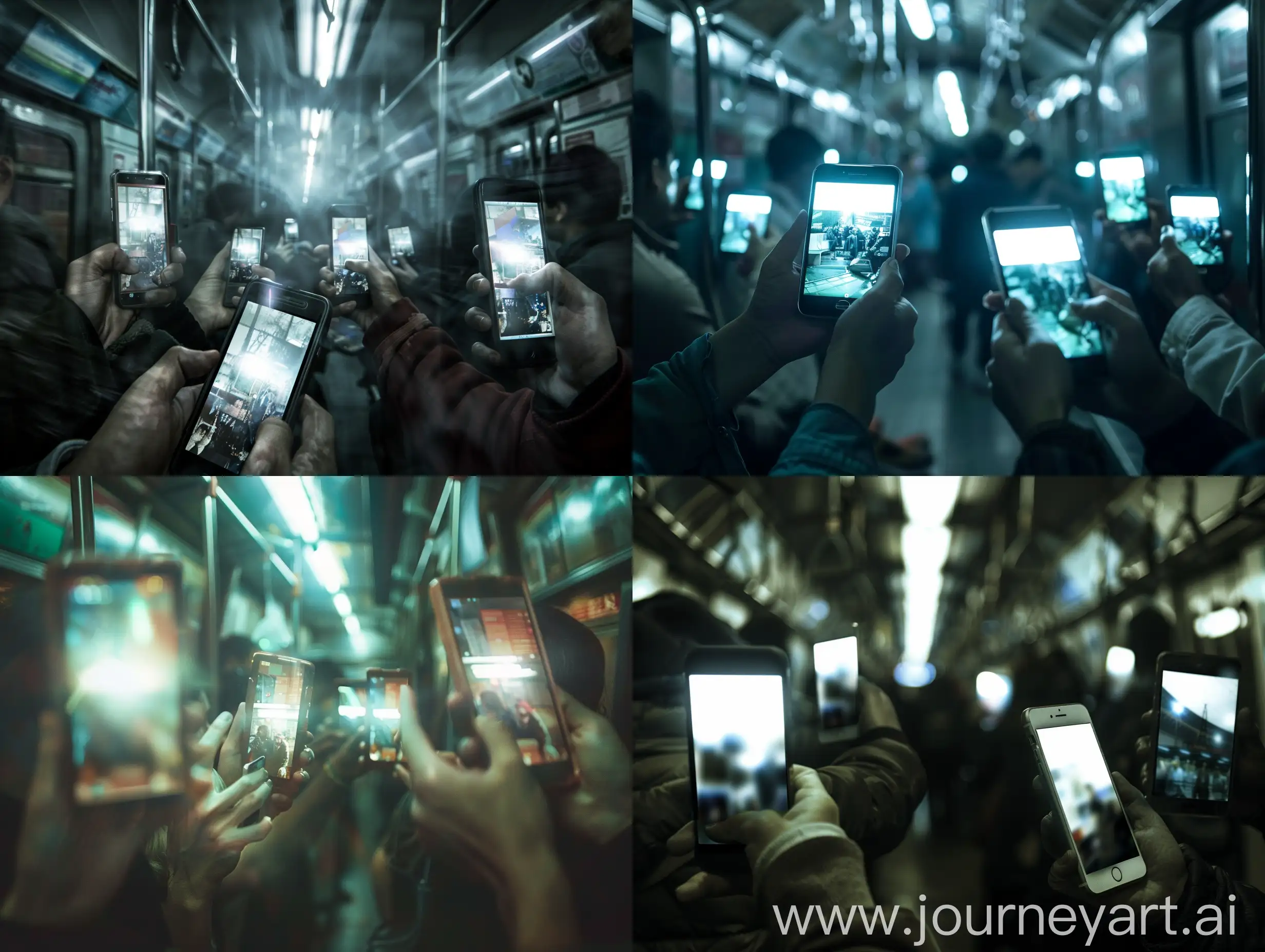 A raw, editorial photograph capturing a scene inside a metro carriage. Emphasize the focus on handheld devices by blurring the background figures. Show several hands holding smartphones and tablets, but keep faces obscured. Each phone screen displays a bright rectangle of light showing videos and films, contrasting with the dark and gritty environment.