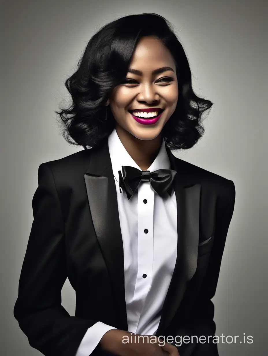 A portrait of a smiling and laughing Indonesian woman with dark skin, shoulder length hair, and lipstick.  She is wearing a tuxedo with a black jacket and black pants.  Her shirt is white with a wing collar.  Her shirt cuffs have cufflinks.  Her bowtie is black.  Her jacket has a corsage.  Her jjacket is open.