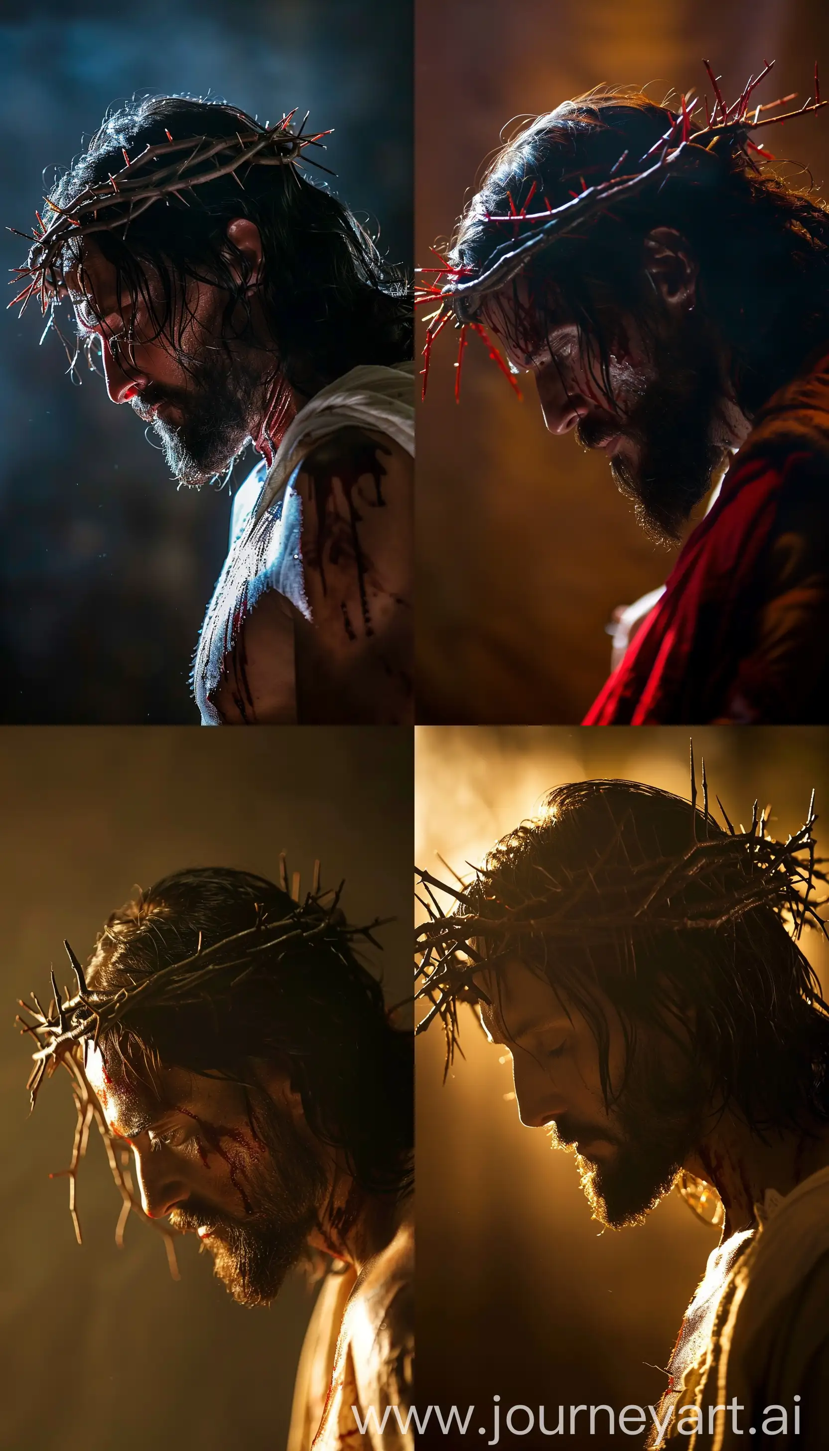 A cinematic scene of Jesus in profile wearing a crown of thorns, conveying a sad emotion. --v 6 --ar 4:7 --style raw 