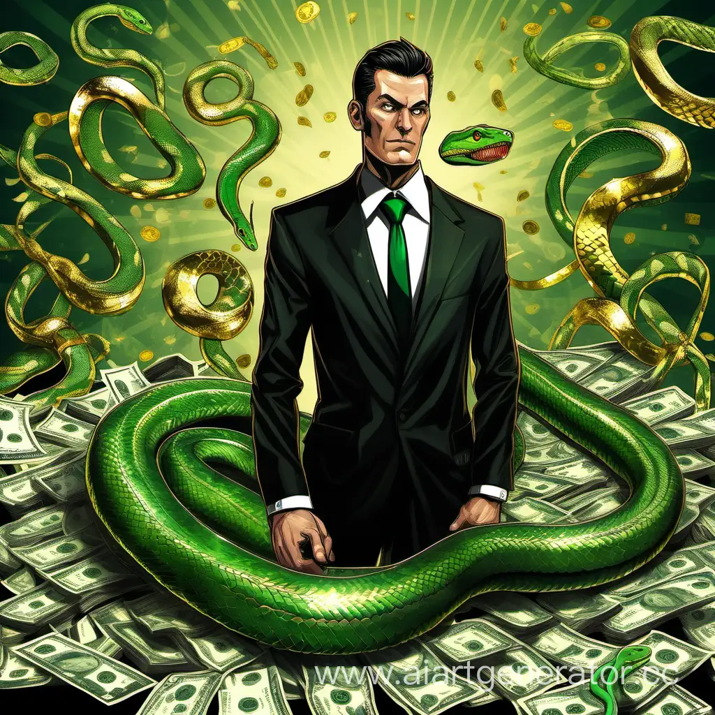 человек с головой зеленой змеи в черном костюме а на заднем плане золото и деньги и богаство