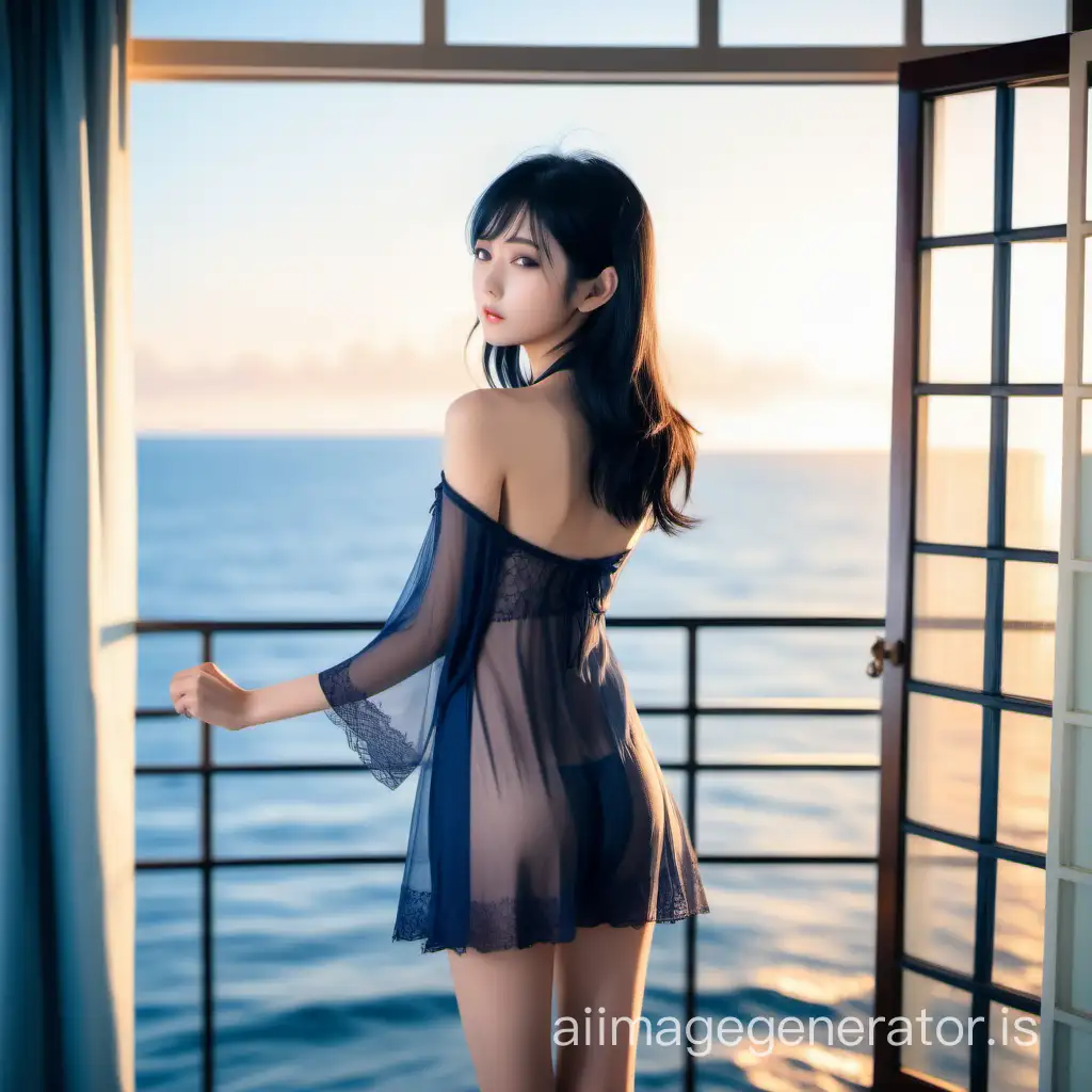 a japanese slender beauty female model perfect grammar, light makeup, black hair, change of feminine light neglige dressing room scene, view sunrise ocean window, mocha, navy blue, kawaii