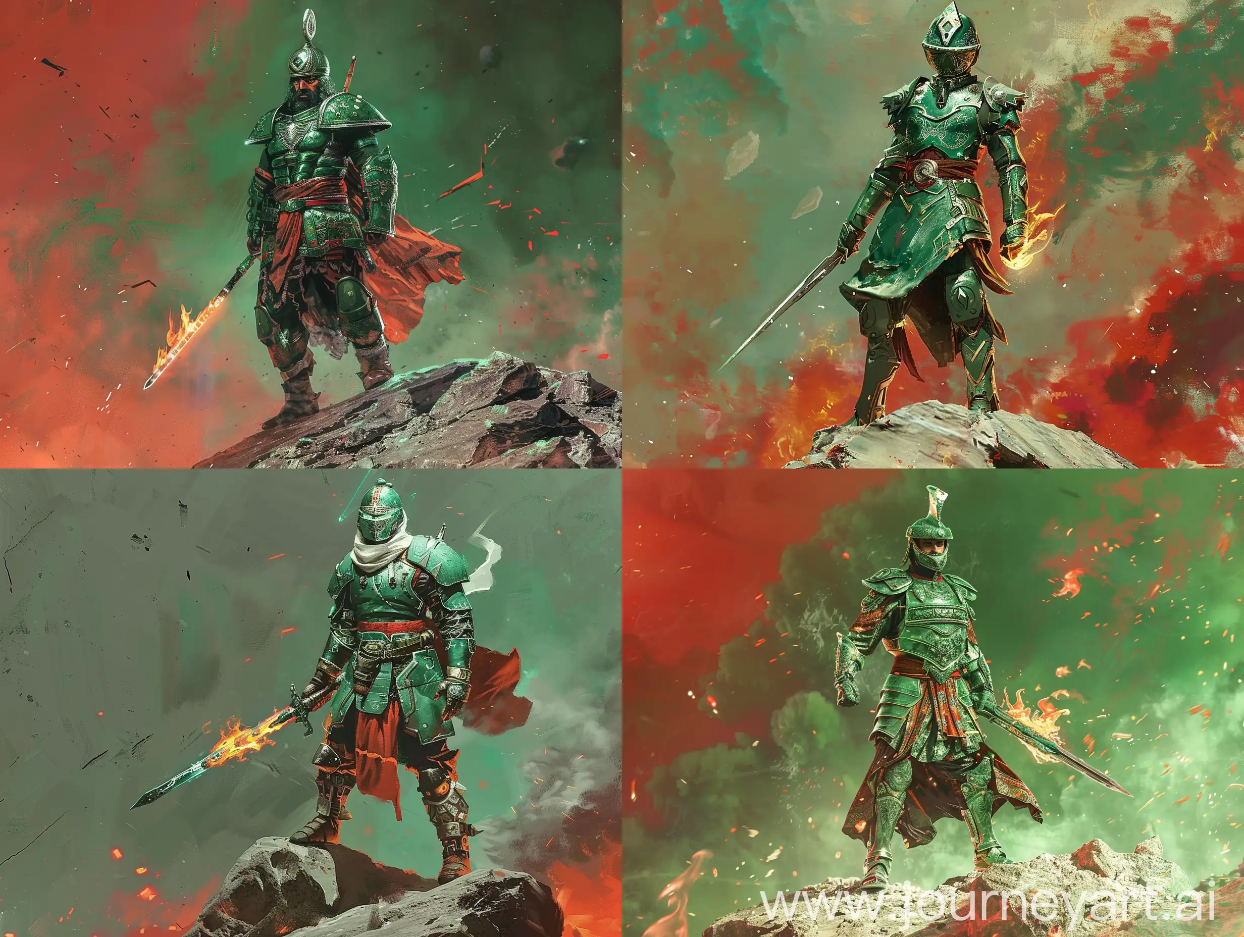 A Persian Sci-Fi Military Officer, Metal Green Armor, Persian Ancient Helmet, Fire Sword Holstered, Standing On A Rock On A War ridden Planet, Green Red And White.