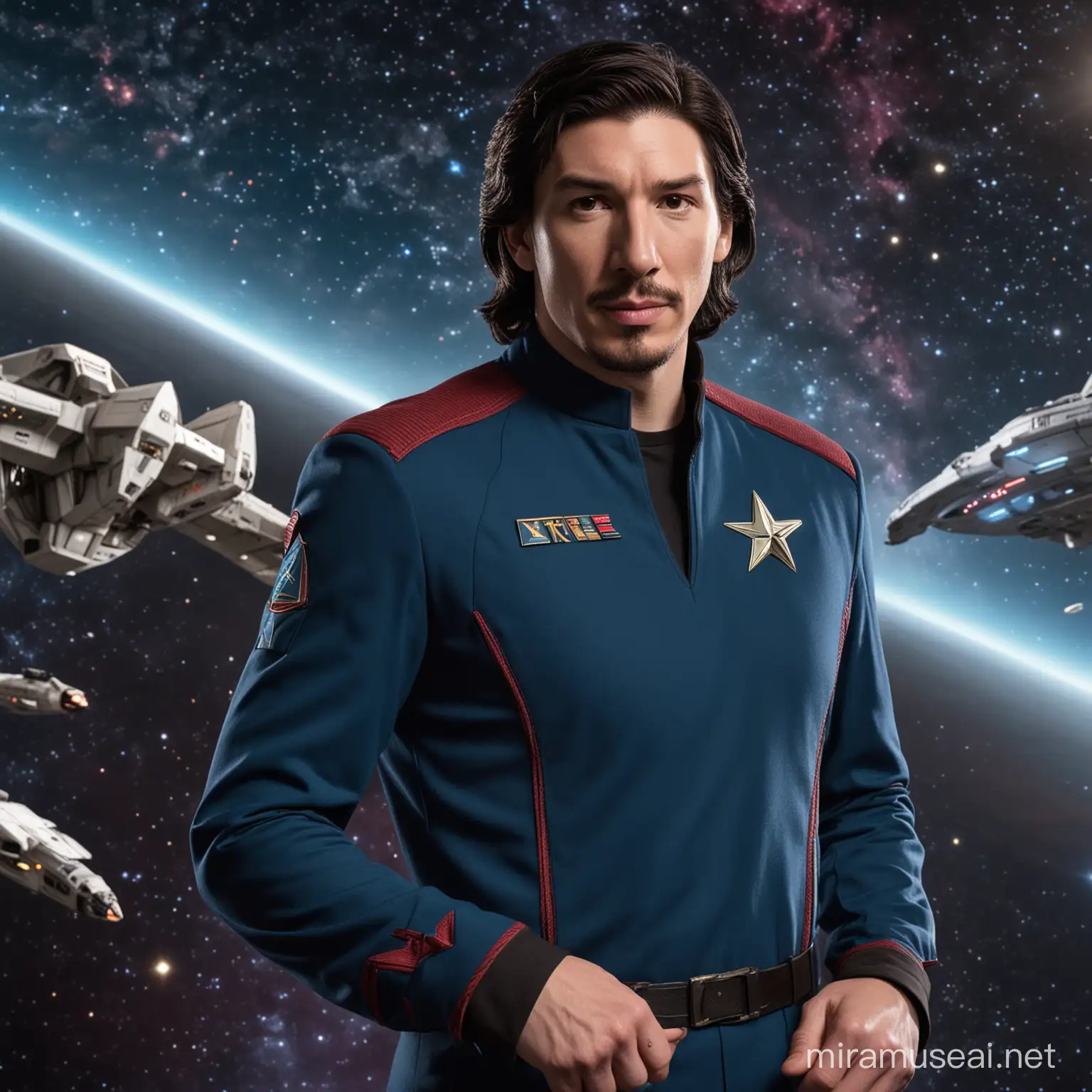 One-armed Adam Driver wearing a blue Star Trek Picard uniform with a Starfleet ship in a space background