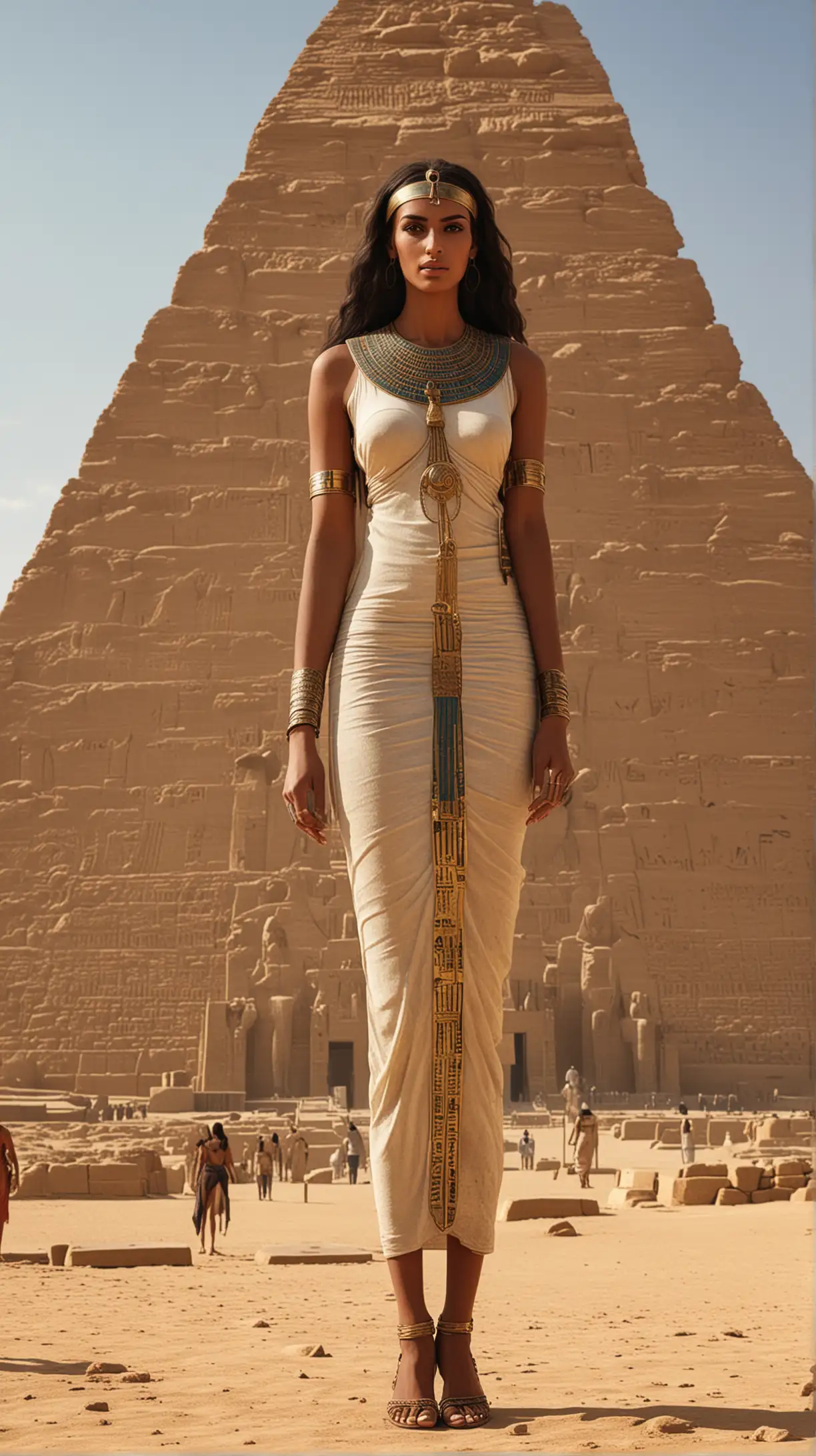 Very tall woman from Ancient Egypt, very long neck, 20 years old, god-like, slightly unnatural, photo-realism, outside near pyramid