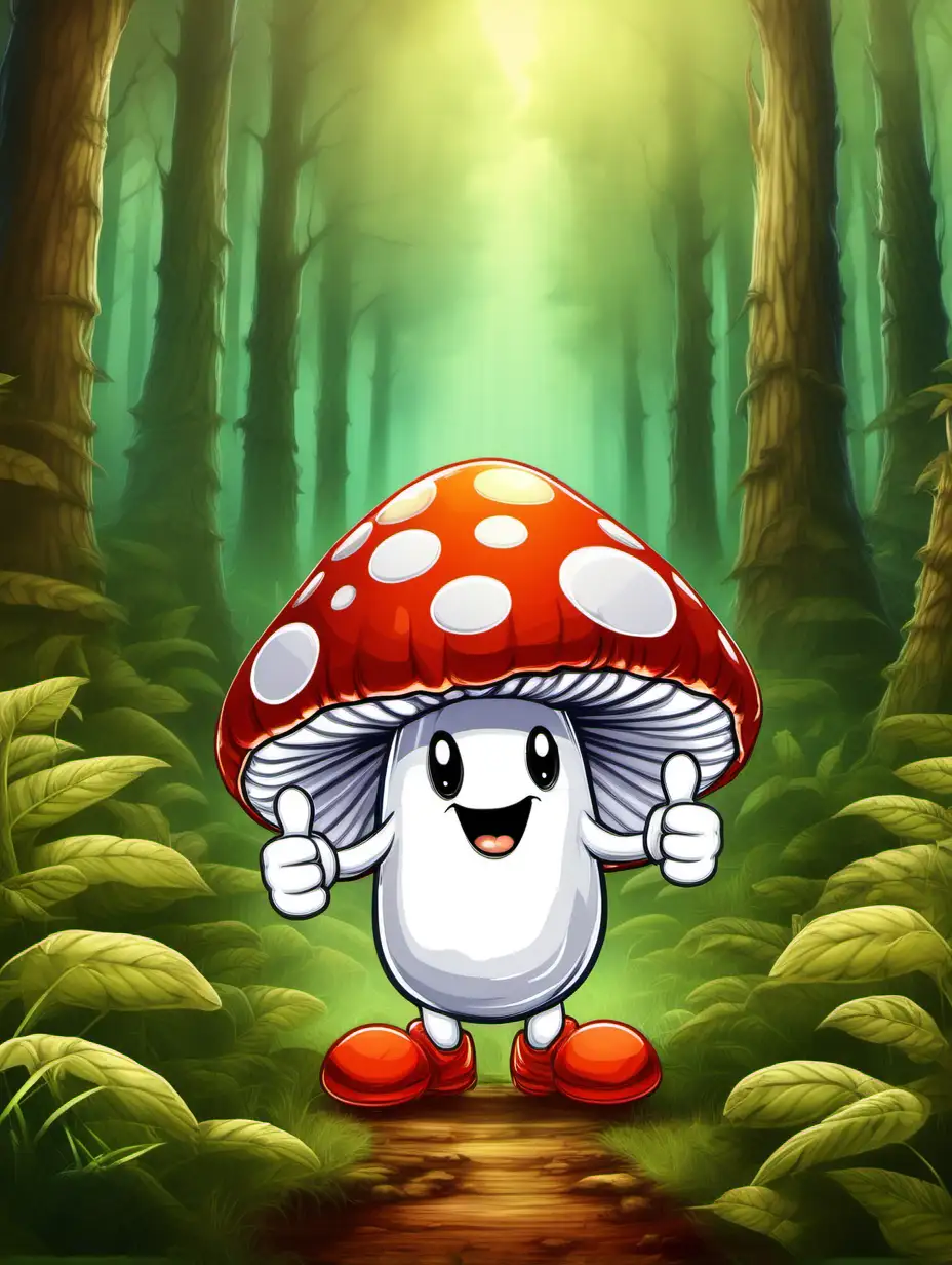 a happy mushroom with two thumbs up on with a forrest background