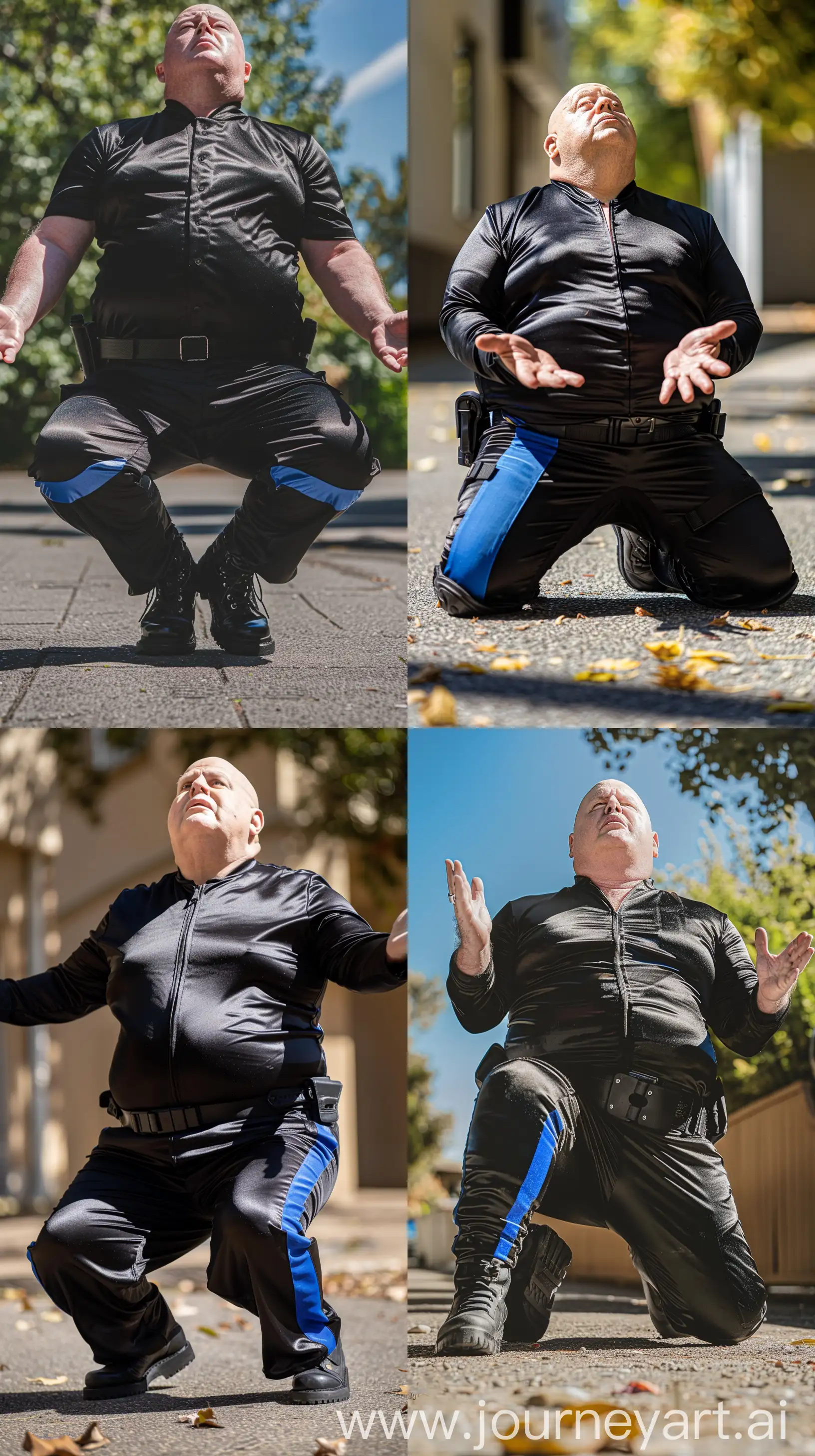 Close-up front view chest-level photo of a serious very fat man aged 70 wearing a silk black skinny-fitted tracksuit with a royal blue stripe on the legs tucked in black tactical boots. Black tactical belt. Outside. On his knees on the ground looking up at the sky, hands opened. Outside. Bald. Clean Shaven. Natural light. --style raw --ar 9:16