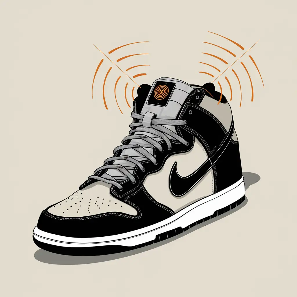 A nike dunk looking shoe with clearly visible one small  digital nfc chip inside the  tongue of the shoe which we can see, with radio waves coming out from the nfc chip like a beacon. 


