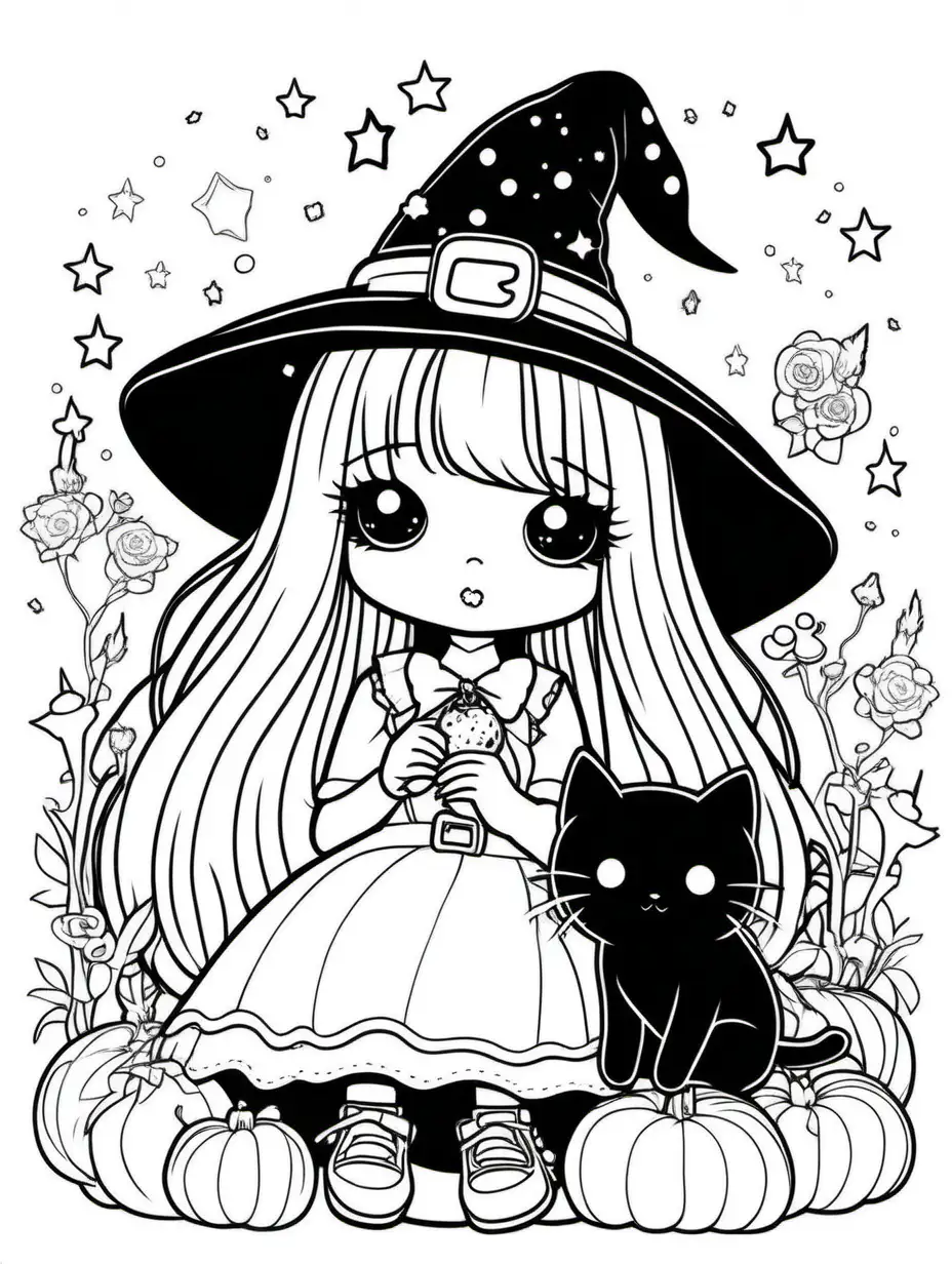 coloring book, cartoon drawing, clean black and white, white background, sanrio inspired, cute witch cuddling her black cat, pastel goth, super kawaii