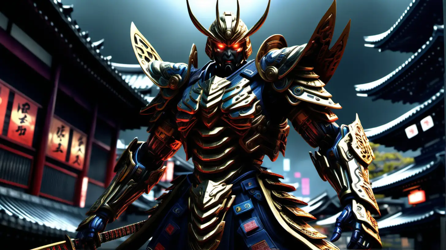 Picture "Shogun Seraph: The Steel Sovereign," a cinematic and intricately detailed final boss for Japan. Envision a colossal figure, part-machine and part-samurai, adorned in sleek, metallic armor that gleams with a dynamic play of light. Shogun Seraph wields a katana infused with futuristic technology, emitting a vibrant, neon glow. The ambient lighting highlights every intricate detail, from the intricate engravings on the armor to the flowing lines of the cybernetic enhancements. Prepare for an epic showdown against Shogun Seraph in a visually stunning cyberpunk realm set against the backdrop of Japan's rich cultural heritage.