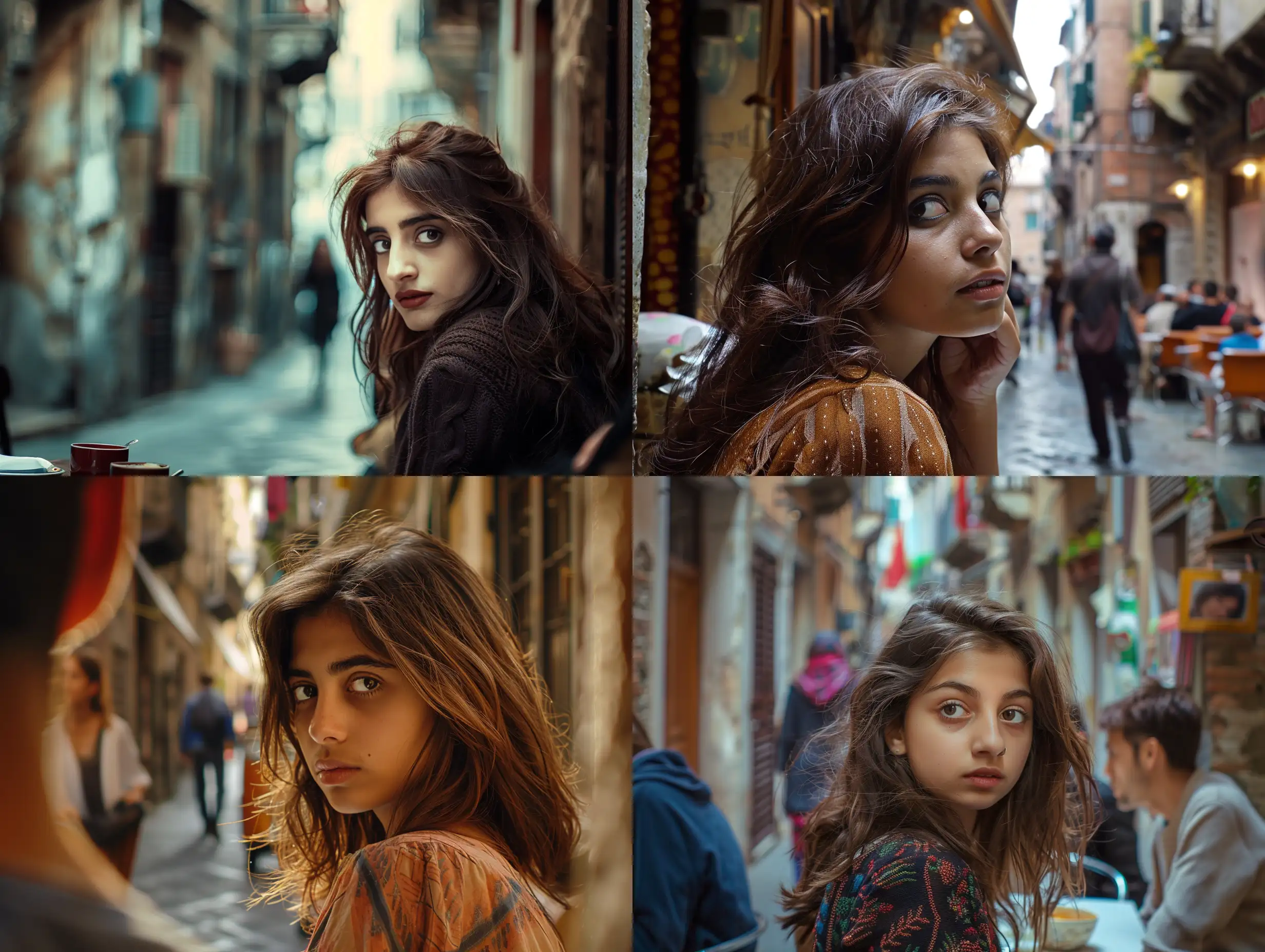 A girl with gypsy brown hair and Arab features is in a café and looking at passers-by in an alley in Italy., cinematic scene, realistic, keyshot, panoramic perspective, without a camera mirror, dramatic lighting, nostalgia for the past,