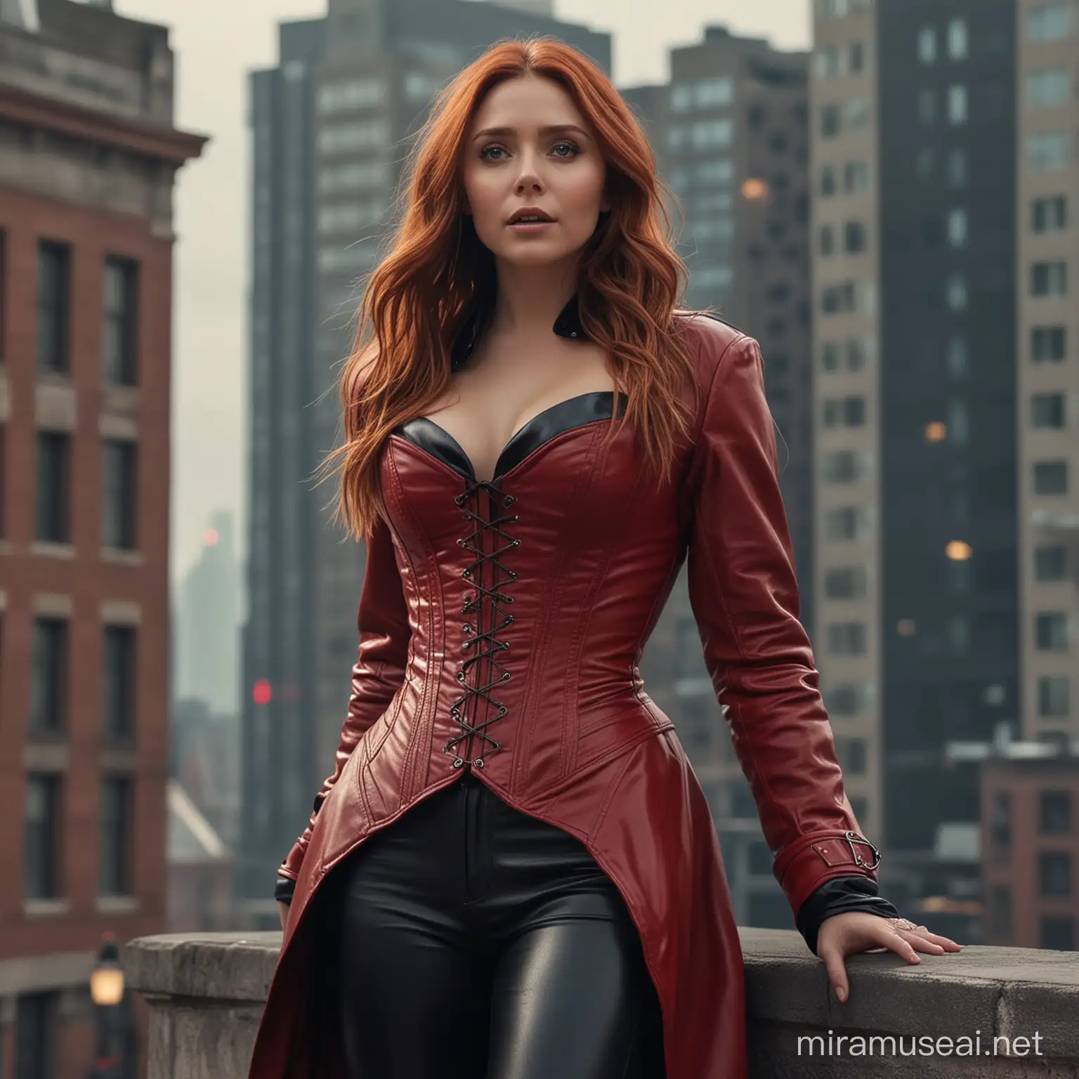 Elizabeth Olsen in Red Leather Corset Casts Magic on Urban Rooftop