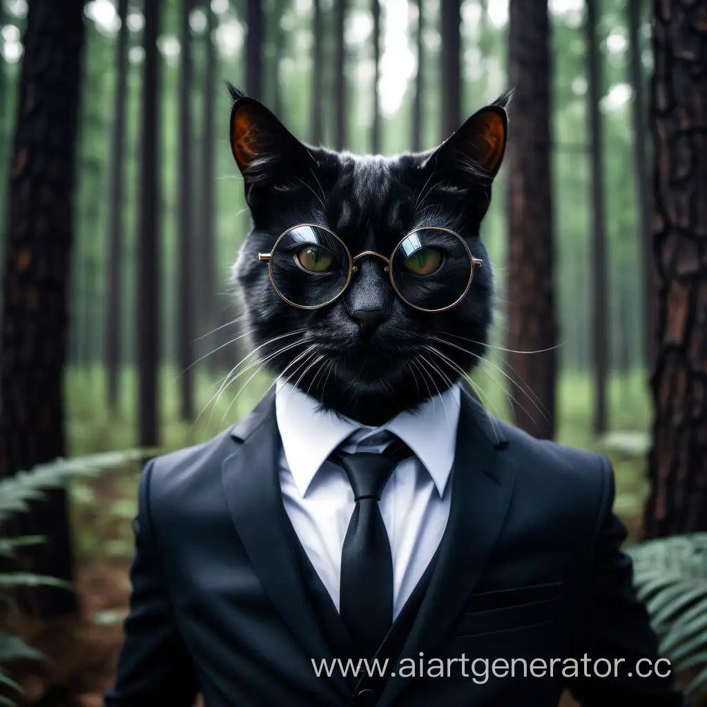 кошка, чёрные очки, строгий костюм, портрет, фон лес,