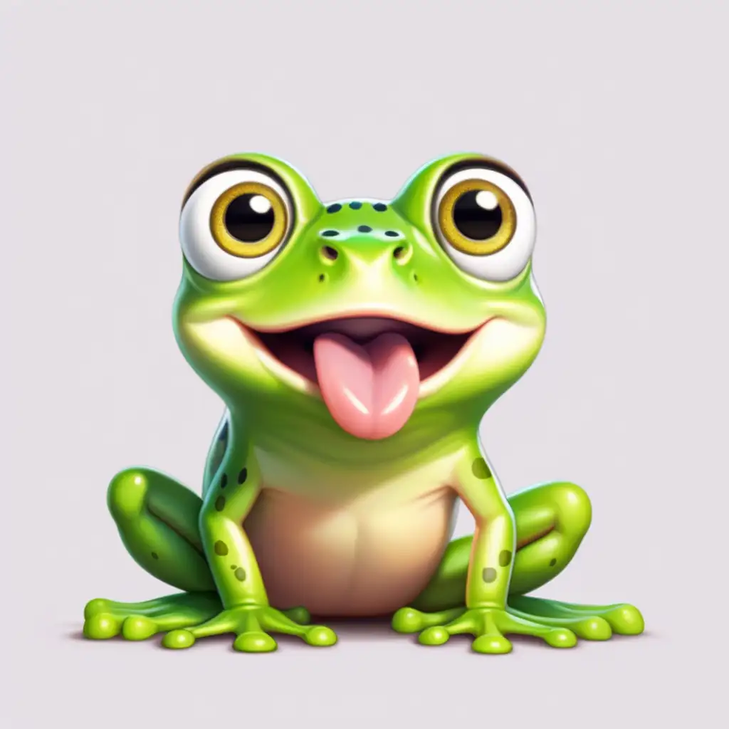 Generate a cute green frog, pixar carton style, tongue sticking out 