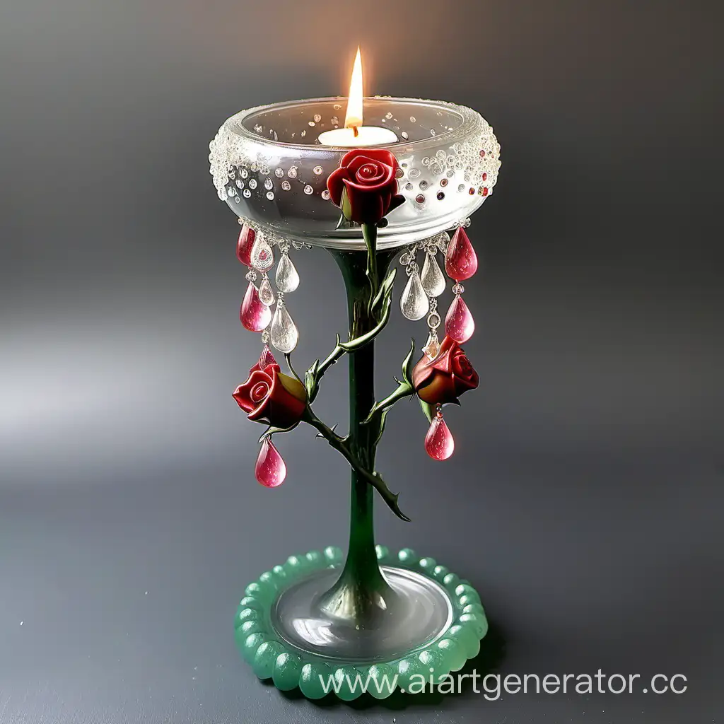 Elegant-Glass-Candle-Holder-with-Three-Rose-Bud-Stands-and-Gemstone-Droplets