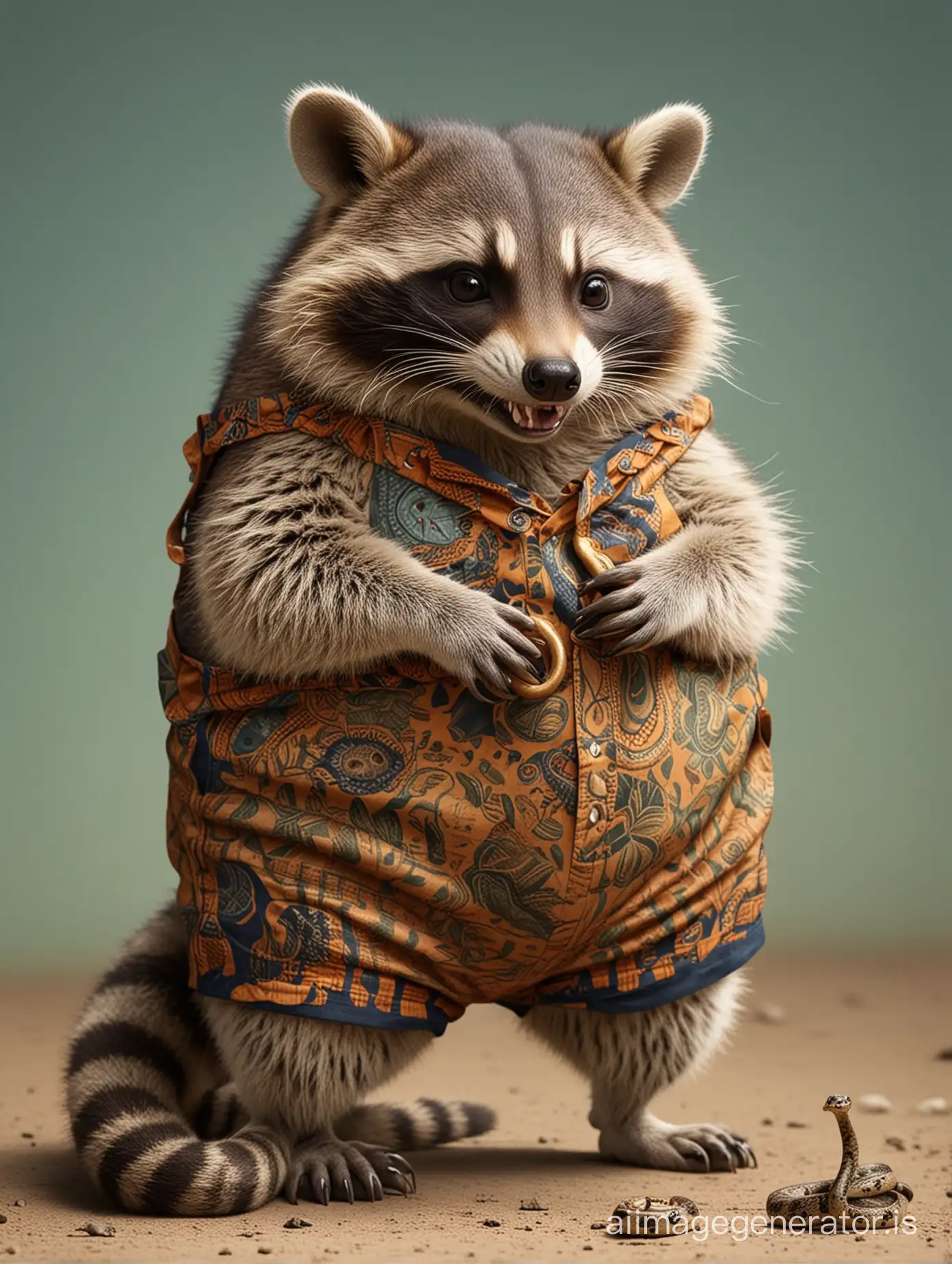 a fat raccoon in shorts with a hole in his butt lovingly hugs a snake that hisses and resists