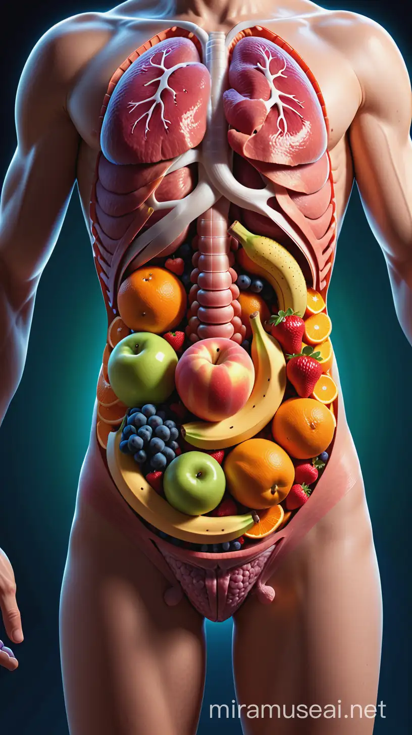Absorption in the human stomach (3d perspective view), which can be filled with fruits and some greens