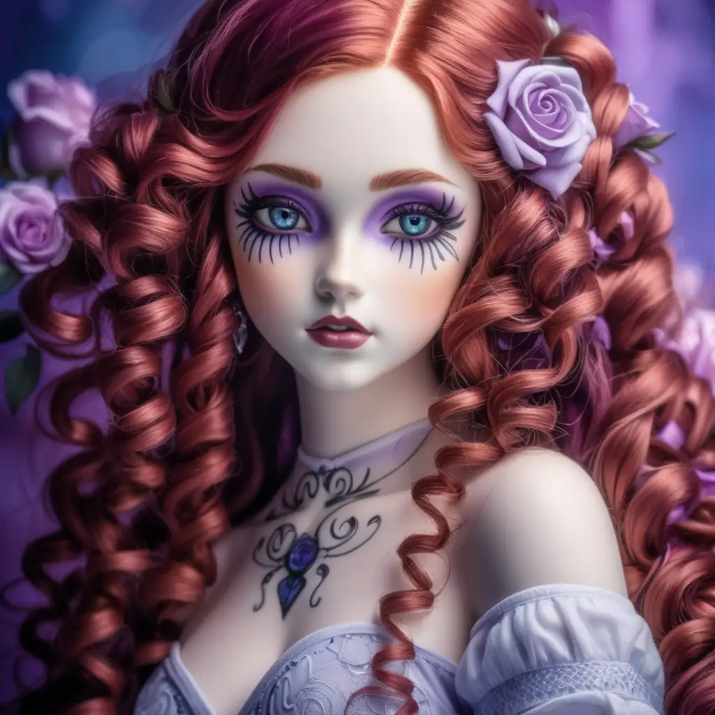 beautiful doll like girl with red hair and blue eyes, her hair is done up in ringlets and falling softly on her face, she has beautiful make up  and porcelain skin, close up on her revealing her doll features, the background is purple, there are roses in her hair and tattooed on her shoulder