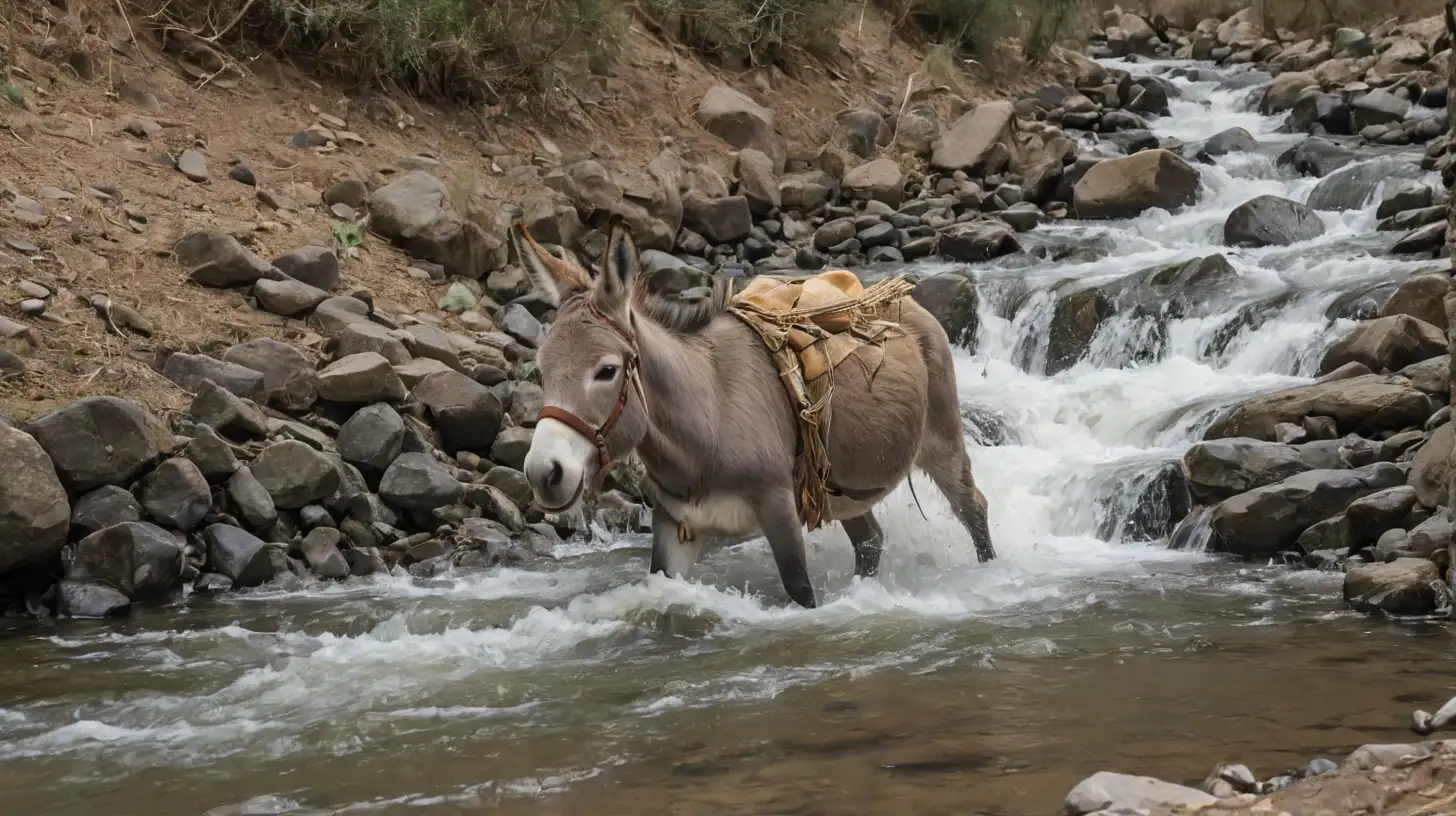 Donkey Slipping in Stream Comical Mishap with Cargo Spill