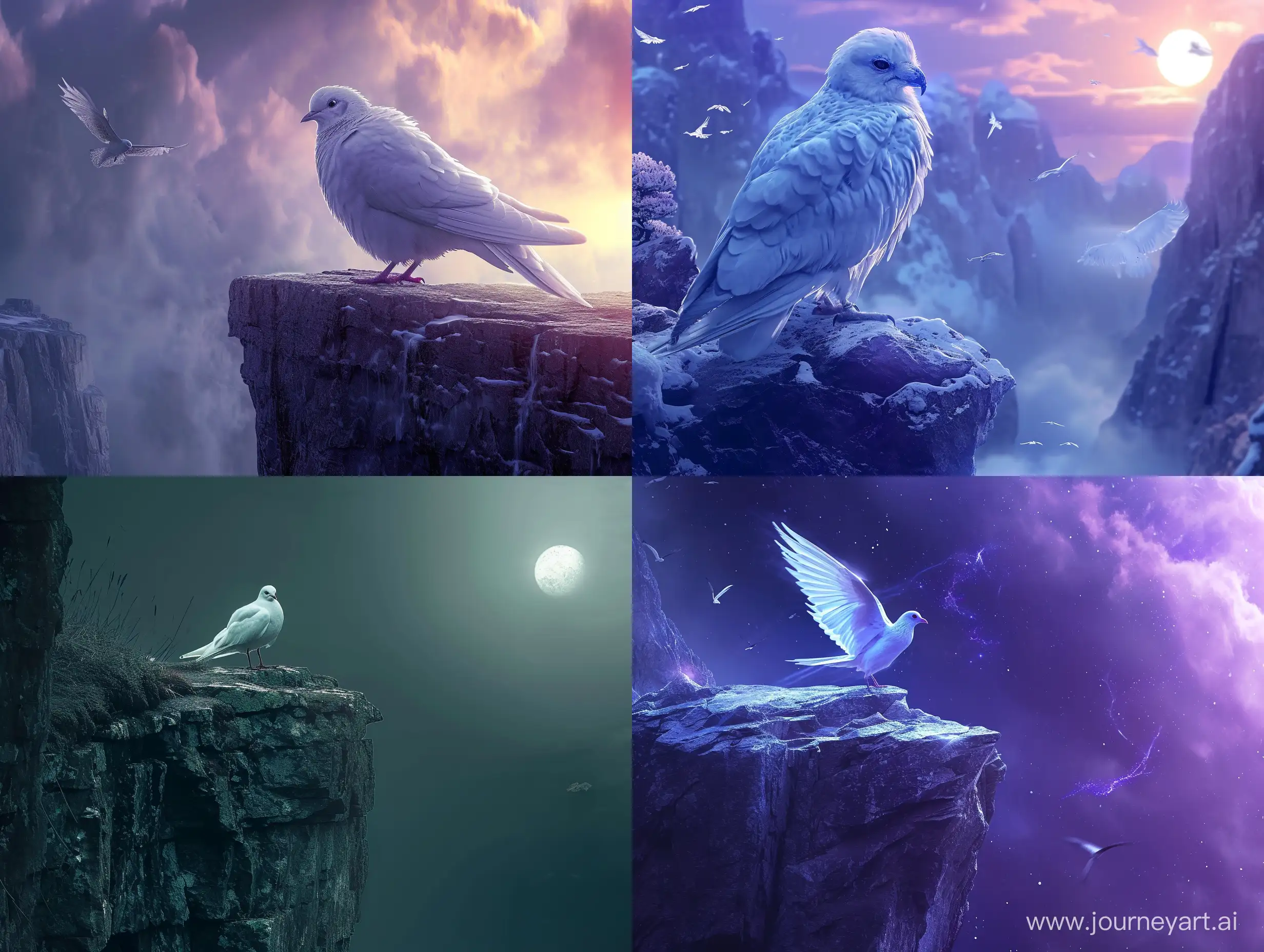 8K surrealism mystical::1.1 neon, белый антропоморфный магический мистический голубь стоит на краю обрыва, хоррор, ужасы, необычное, --v 6